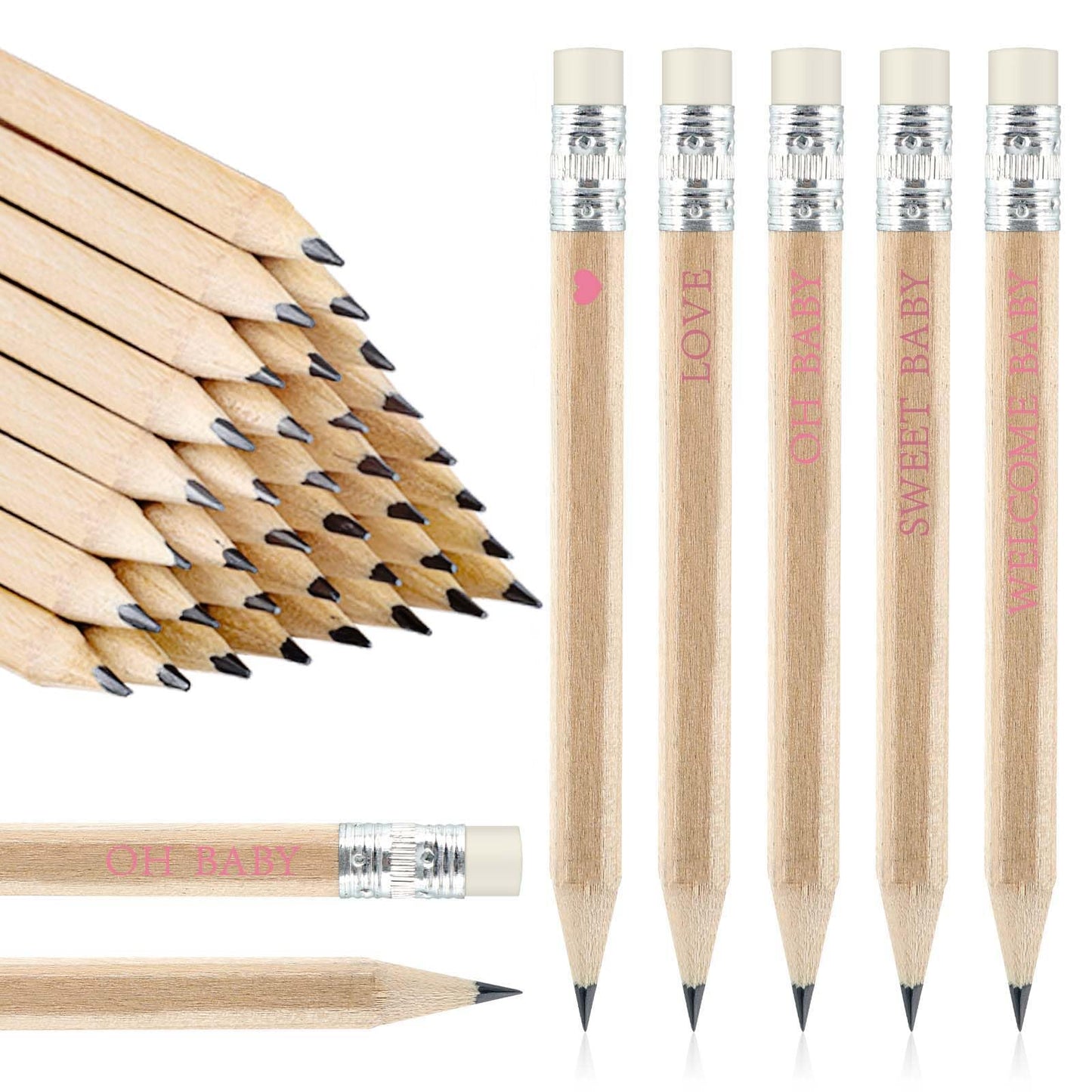 EYNDYN 100 Sets Pink Baby Shower Pencils Gifts Bulk for Guest Golf Half Pencils Baby Shower Game Sharpened Mini Pencil with Eraser It's A Girl Gender Reveal Party Favors