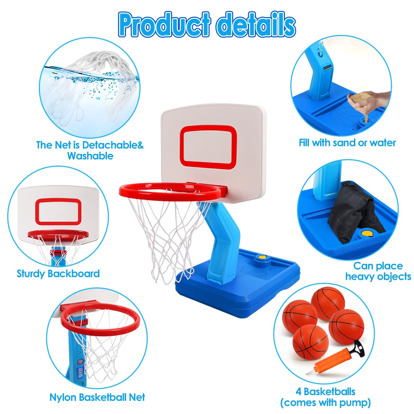 AOSPHYS Toddler Basketball Hoop Indoor Outdoor - Height Adjustable 27.6-54 Inches (5 Slots), Kids Basketball Hoop with 4 Inflatable Balls & Pump, Safe Toddler Toys for 1-6 Year Old Boys Girls