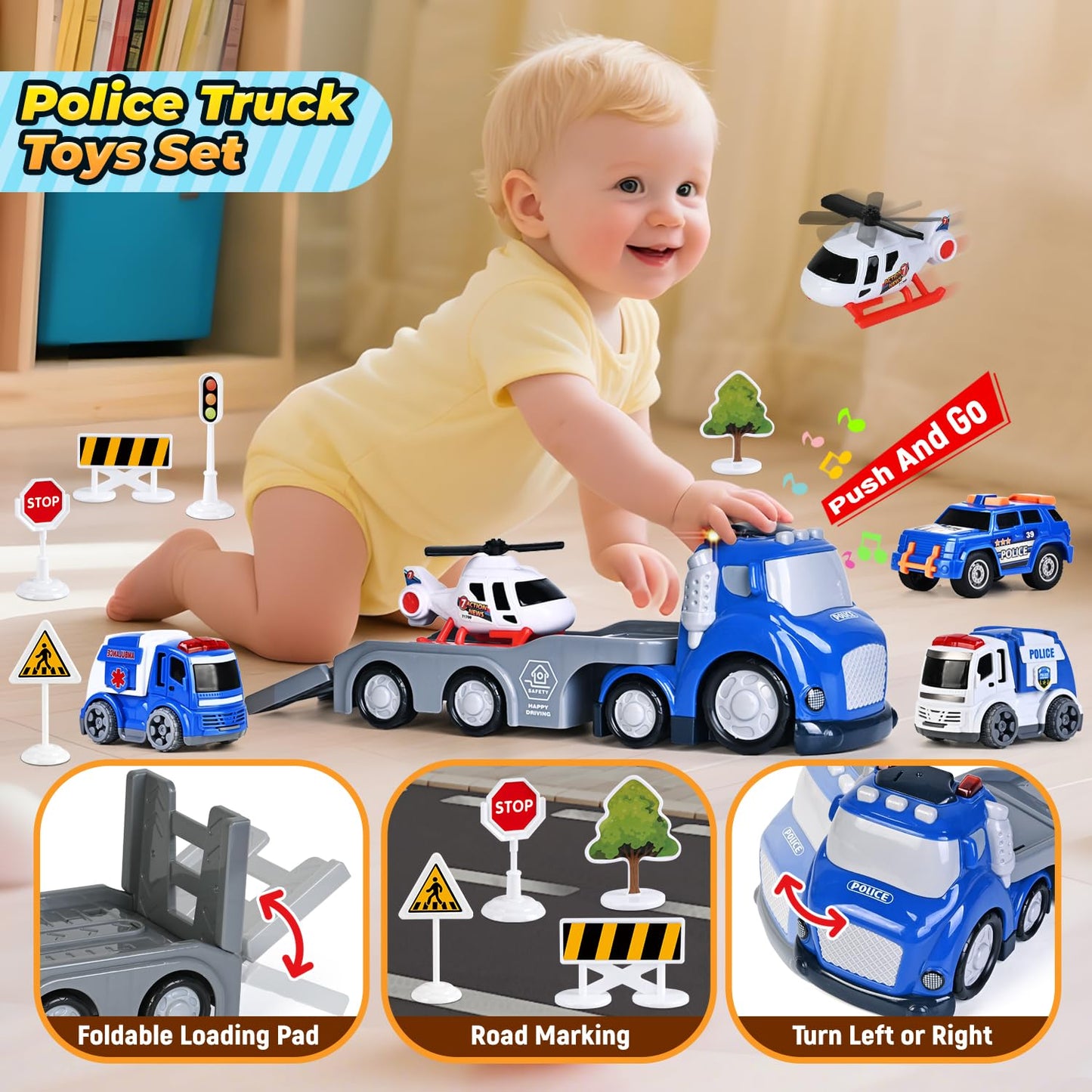 ShyLizard Toddlers Truck Toys,Boy Toys Gifts for 1 2 3 Years Old,5 in 1 City Police Transport Truck with Lights & Sounds,Ideal Birthday for Baby Toddler 12-18M+