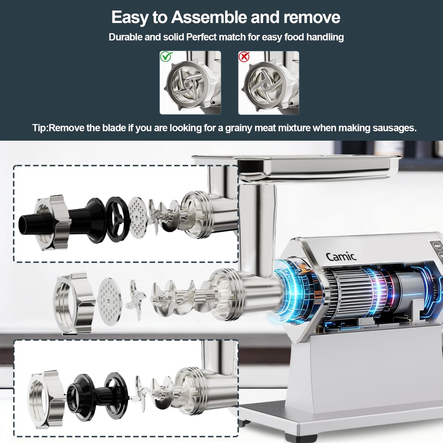 Camic Electric Meat Grinder - 300W Sausage Stuffer for Home Kitchen Use Meat Mincer with Stainless Steel 3 Plates, 1 Blade, Sausage Tube, Kubbe Maker
