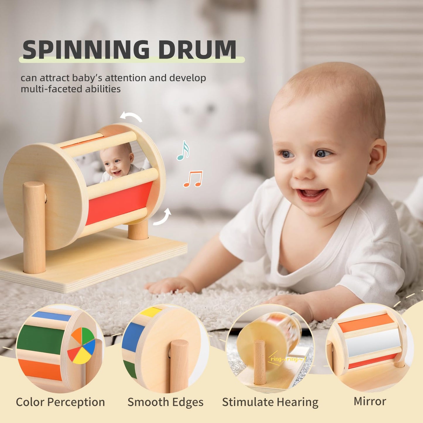 Toyssa Montessori Toys for Babies 0-6 Months, 6 in 1 Wooden Learning Educational Sensory Toys with Spinning Drum & Tummy Time Mirror & Baby Rattle & Flash Card, Birthday Gifts for Babies Boys Girls