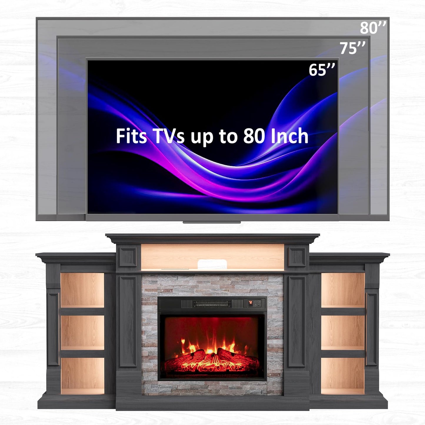 Naice 72" Electric Fireplace with Mantel and Cabinets, Fireplace TV Stand for Living Room Bedroom, LED Light & Power Outlet, 23in Realistic Flame Fireplace and Stacked Stone Surround, Black