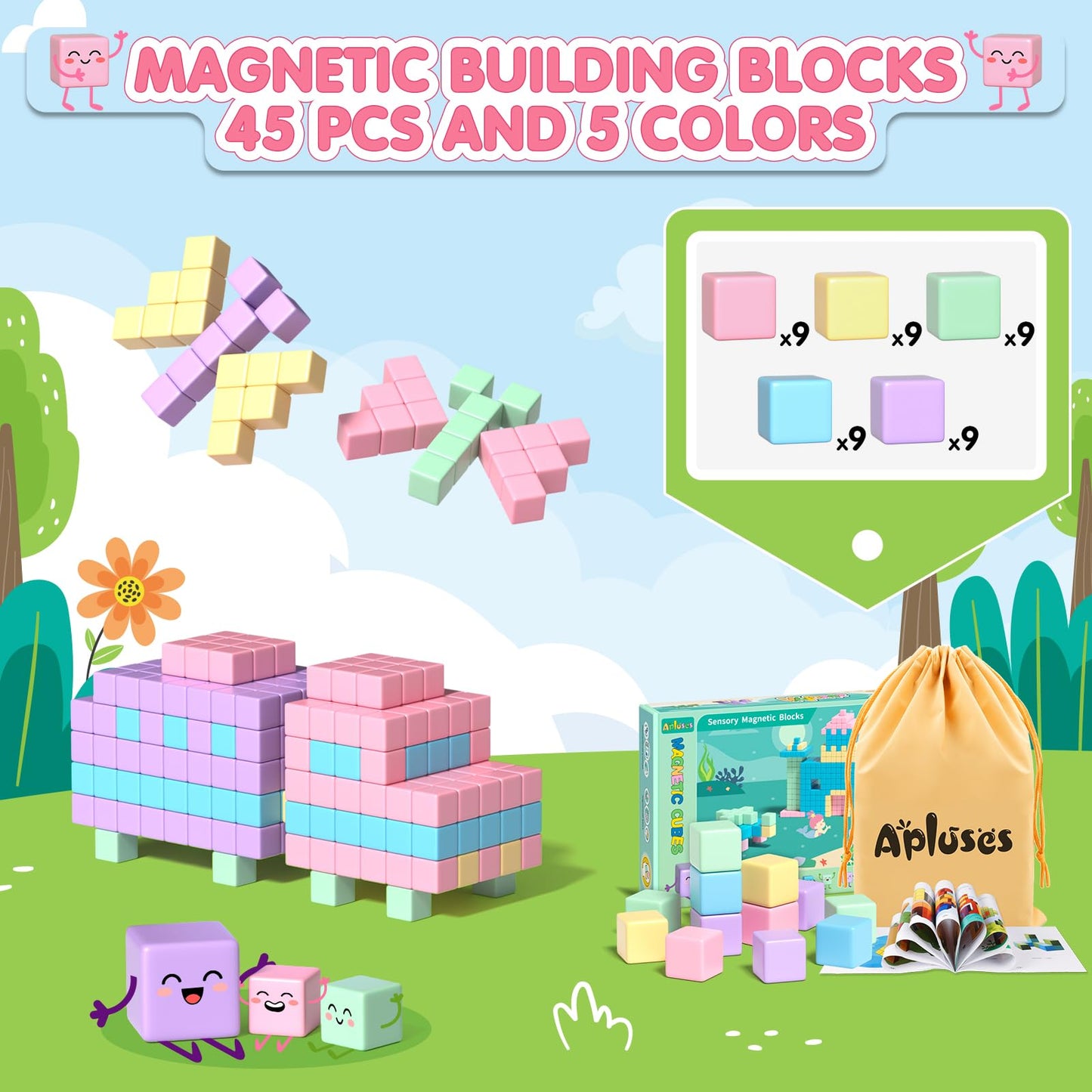 Apluses 45PCS Magnetic Blocks - Toddler Girl Toys, Magnet Building Blocks, STEM Sensory Outdoor Autism Toys for 3-5 Year Old Boys & Girls, Magnetic Cubes Classroom Must Haves for Kids Ages 3+