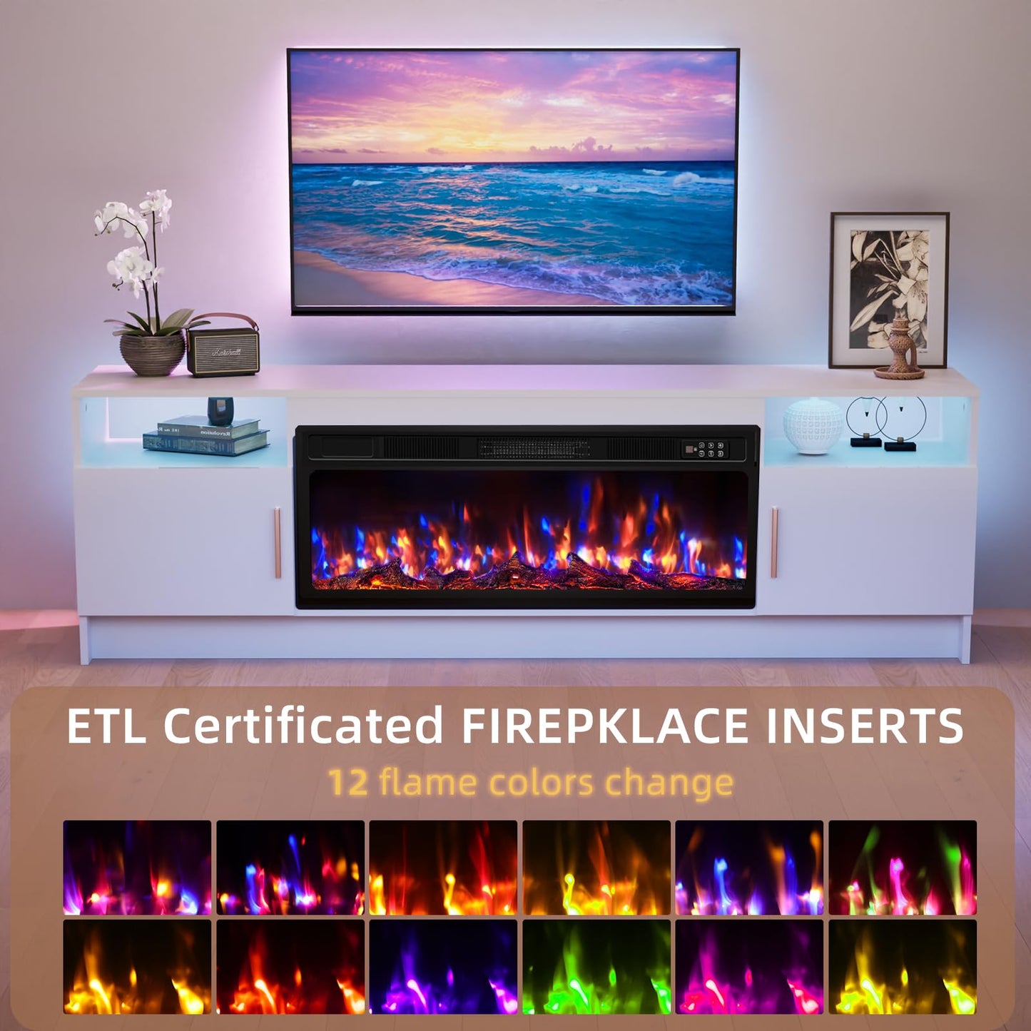 Kucreiheat Fireplace tv Stand with 36 inch Fireplace Up to 80" TV, LED Light Entertainment Center and Storage, 70" Modern Wood Media TV Console with Highlight Cabinet for Living Room, White