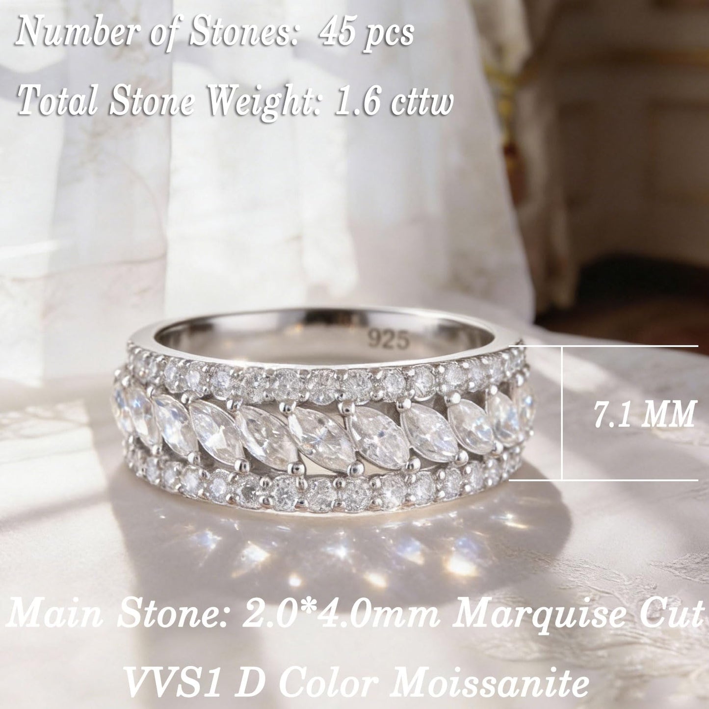 Heinlov D Color VVS1 Moissanite Wedding Bands for Women 925 Sterling Silver Womens Wedding Ring Marquise Eternity Engagement Size 6