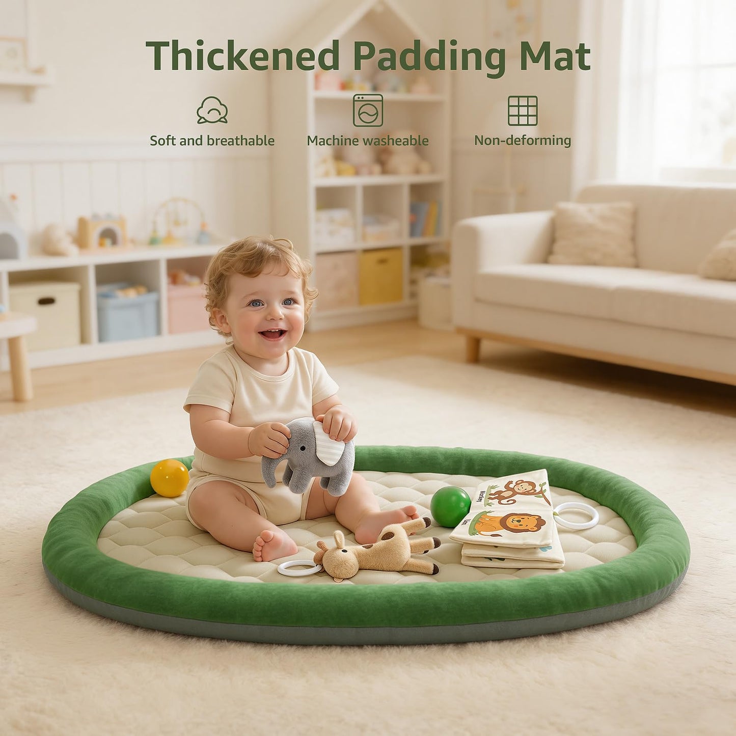 TinyThrive Baby Play Gym & Activity Mat, Baby Play Mat with 5 Detachable Toys, Promotes Motor Skills & Sensory Development, Tummy Time Mat for Baby to Toddler, Baby Essentials Shower Gift, Green