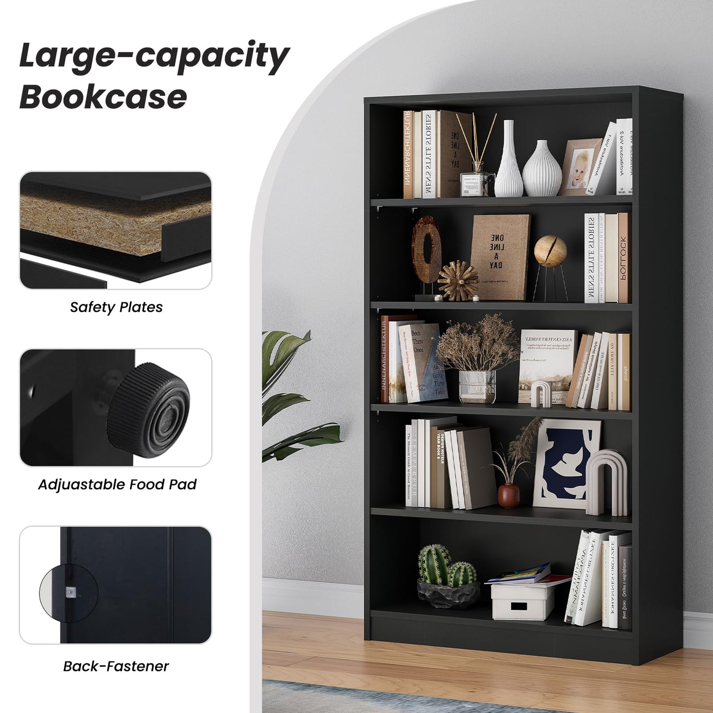 i-VTIES Bookcase Adjustable Storage Shelves,5-Tier Modern Wood Bookcase for Bedroom,60-Inch Bookshelf, Office, Living Room & Library(Black)