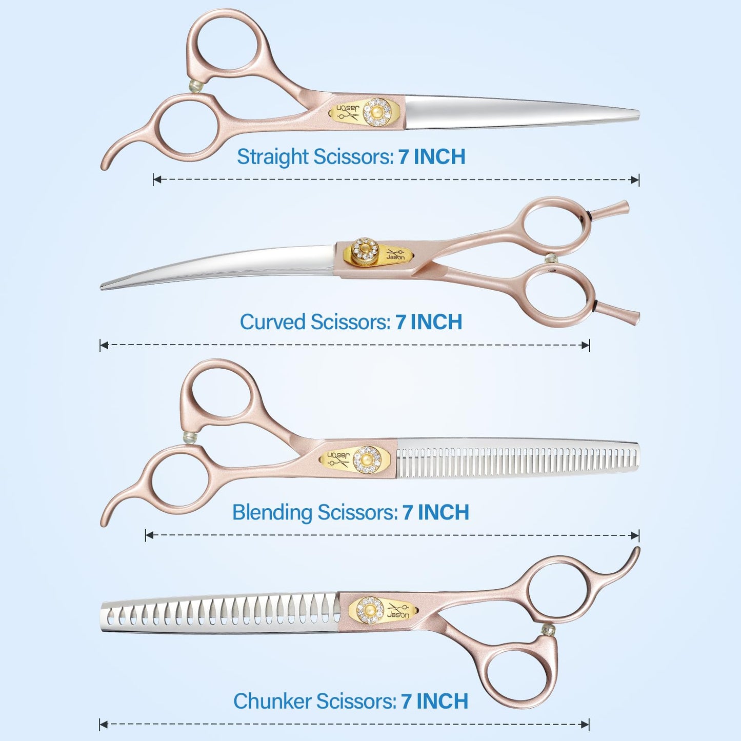 JASON Professional Dog Grooming Scissors Set - 6 in 1 Sharp Shears Set With 7" Thinning, Chunker, Straight, Curved Shears and Comb for Cat Pet, Rosegold