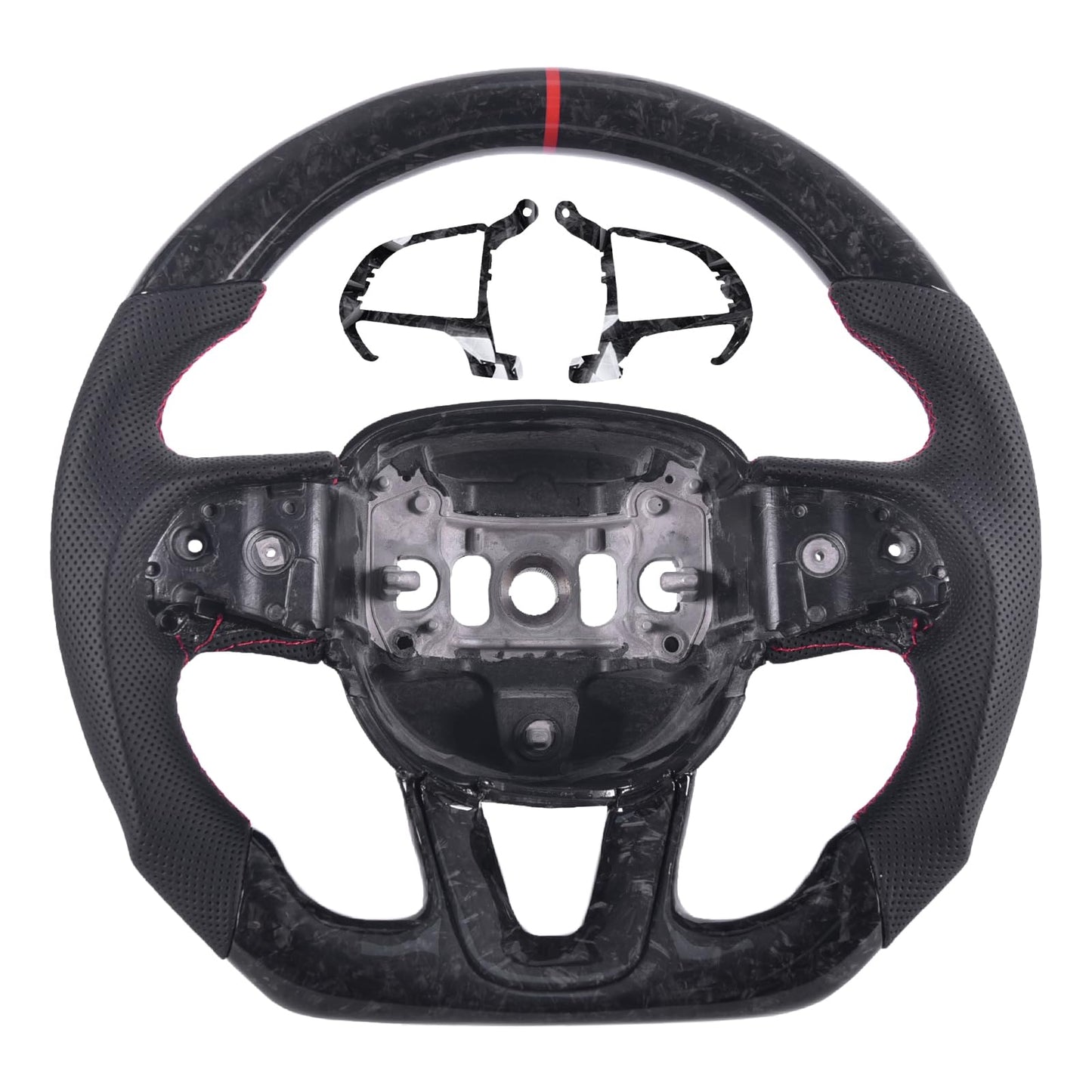 EASSAFEX Forged Carbon Fiber Steering Wheel for Dodge Charger/Challenger/Durango/Jeep Grand Cherokee/SXT/GT/RT/SRT/Heallcat 2015-2020, D-shaped Flat-bottom Perforated Leather Grip with Trim