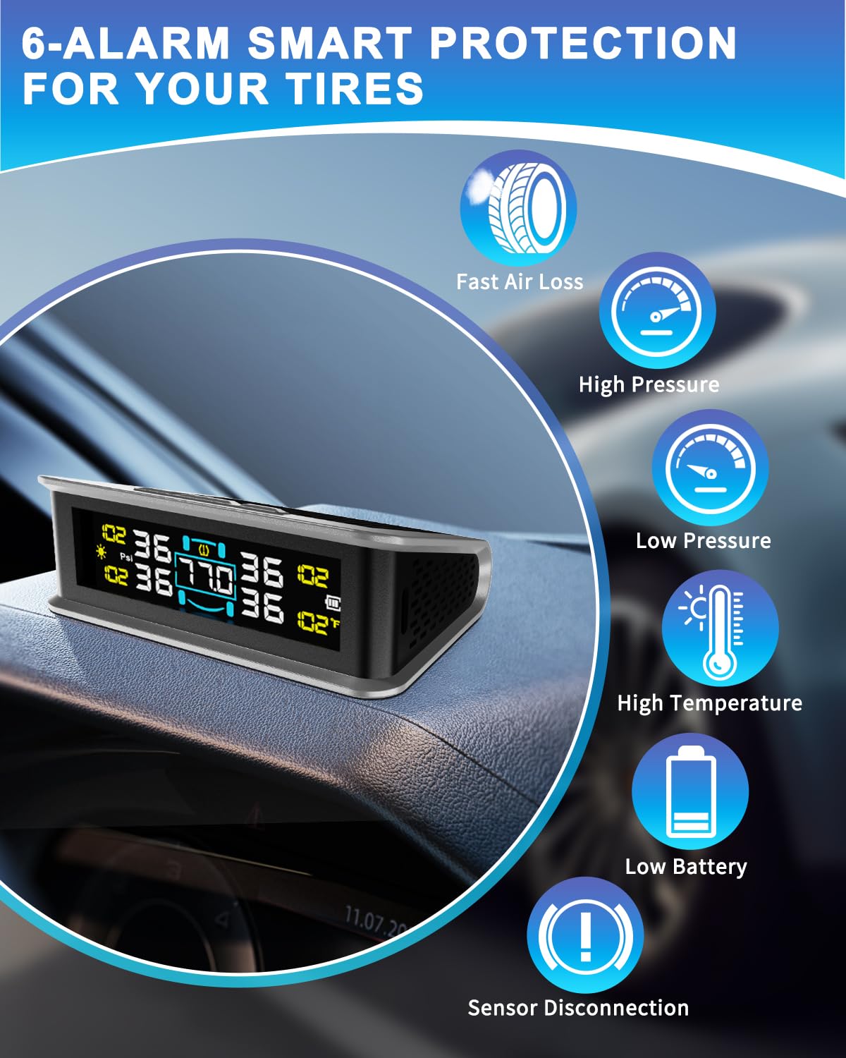 RV Tire Pressure Monitoring System (TPMS) - TPMS sensors Set of 4 & 6 Alarm Modes | Solar/USB Charger | LCD Display | for RV/Truck/SUV/MPV/Sedan.