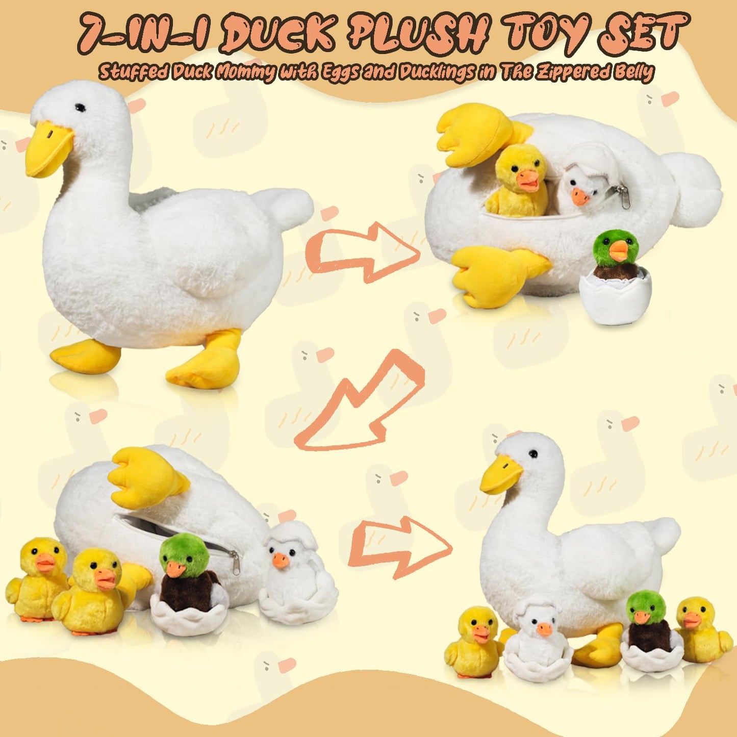 XYHQYB 7 in 1 Duck Stuffed Animal, 12" Zippered Mommy Stuffed Duck Toy with 4 Baby Ducklings and Eggs, Soft White Duck Plushie Pillow for Kids Christmas Birthday Gift Farm Party