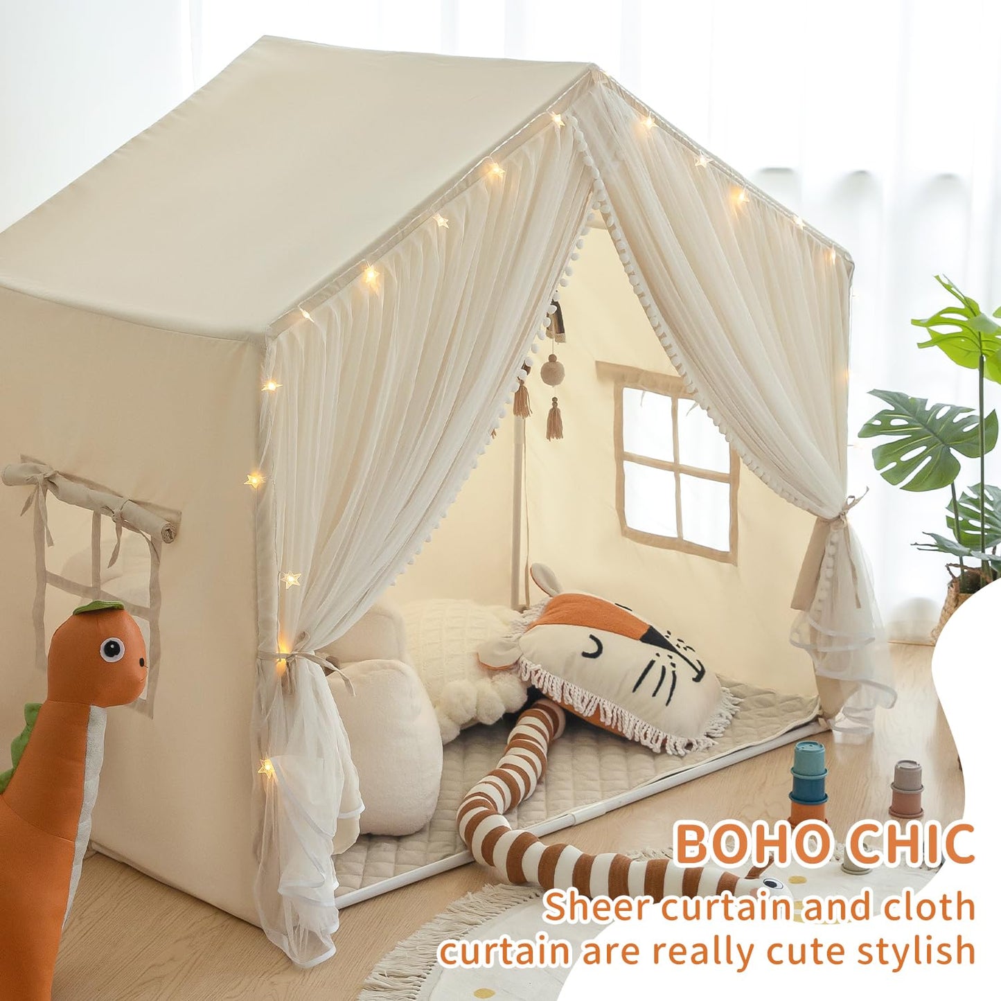 Kids Play Tent with Padded Mat, Kids Tents Indoor Playhouse for Toddler, Large Princess Castle Pompoms Play House Tent for Girl Bed Tents Toys for Boys Girl Birthday House Gift