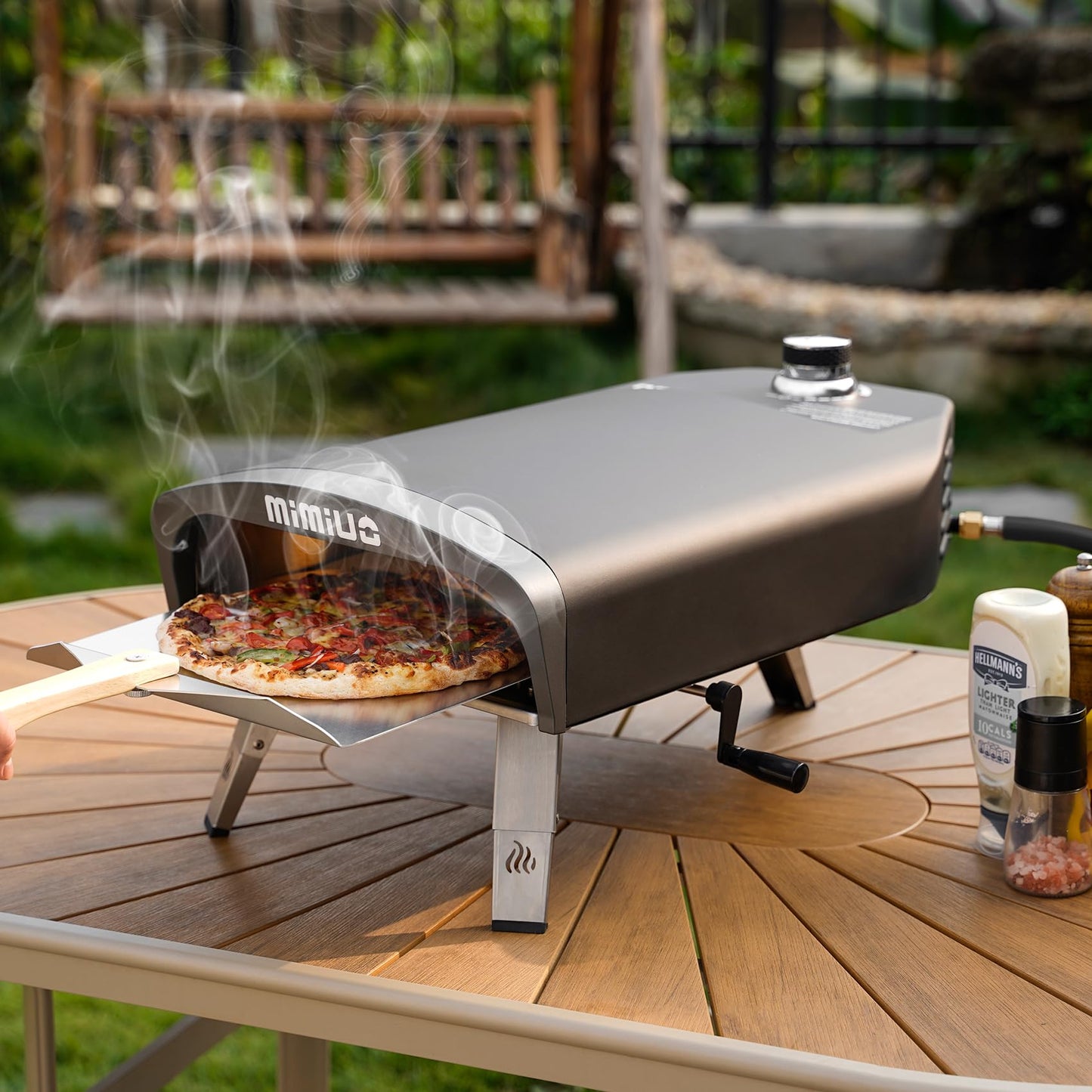 Mimiuo Outdoor Gas Pizza Oven Portable Propane Pizza Grilling Stove with Manual Rotation System, Oven Cover, Pizza Stone and Pizza Peel