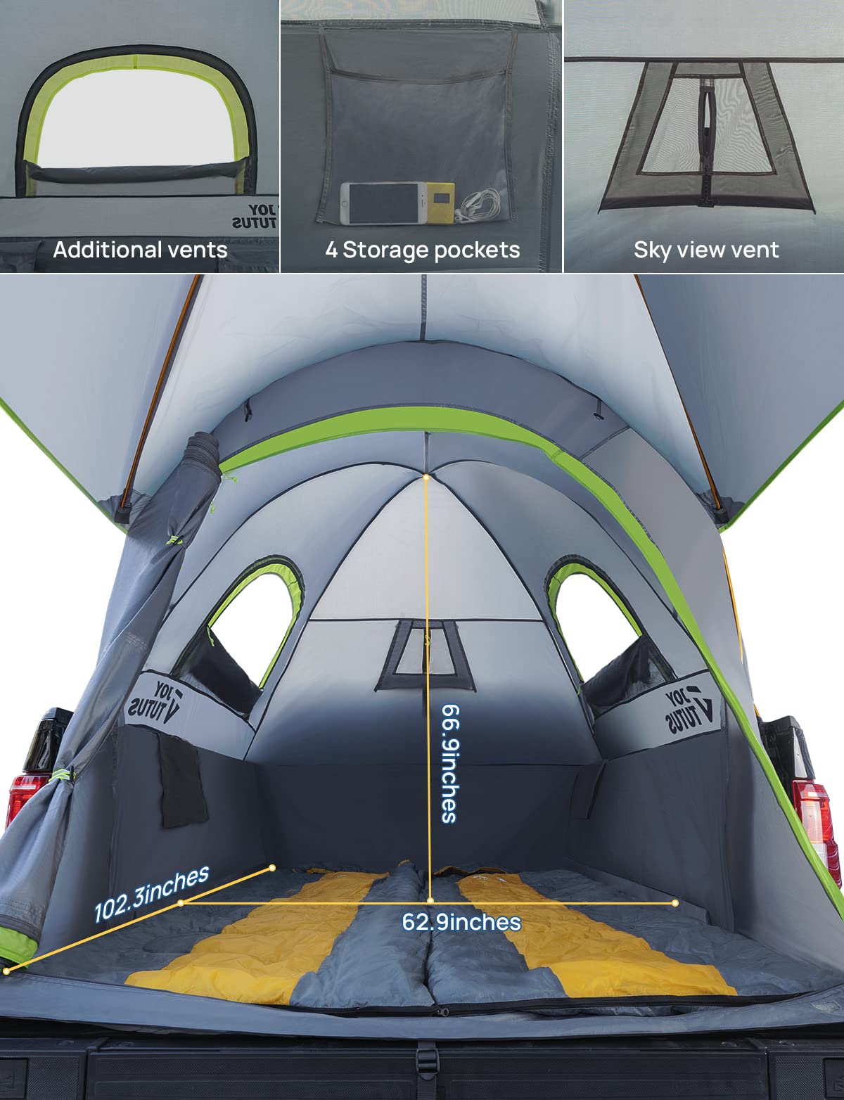 JOYTUTUS Pickup Truck Tent 6.5ft Bed Tent with Removable Awning, Waterproof PU2000mm Double Layer for 2 Person, Portable Truck Bed Tent - Green, Aluminum Pole