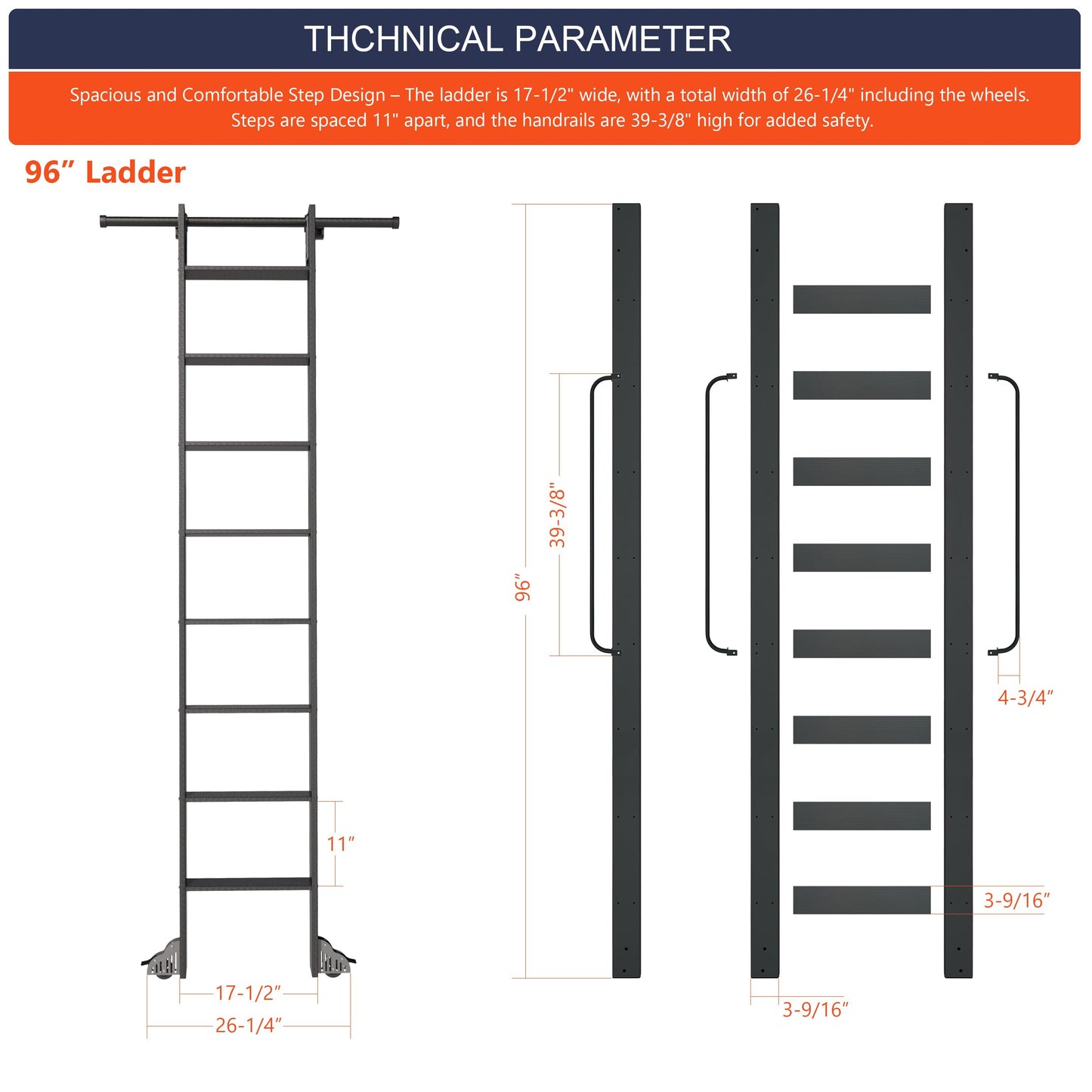 HARDJULAN 96" Telescopic Sliding Library Ladder with Handrail – Lightweight Aluminum Rolling Ladder with Braking Wheels, 4FT Hook Ladder Track Kit for Home, Loft, and Bookshelves