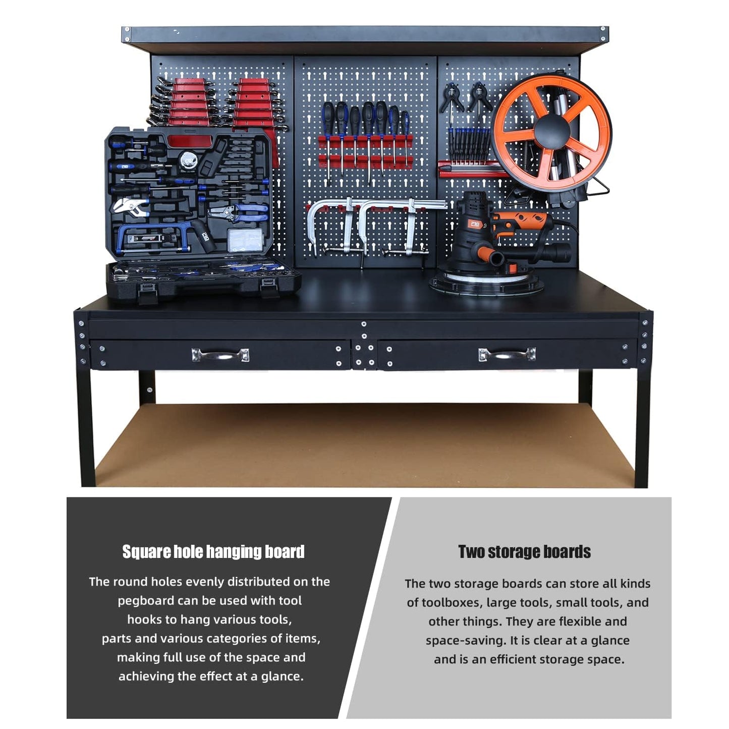 Prostormer 47.25 Inch Heavy Duty Workbench with Pegboard, Hooks, and Drawers - Sturdy Garage Work Table for DIY Projects, Home Workshop, and Tool Organization