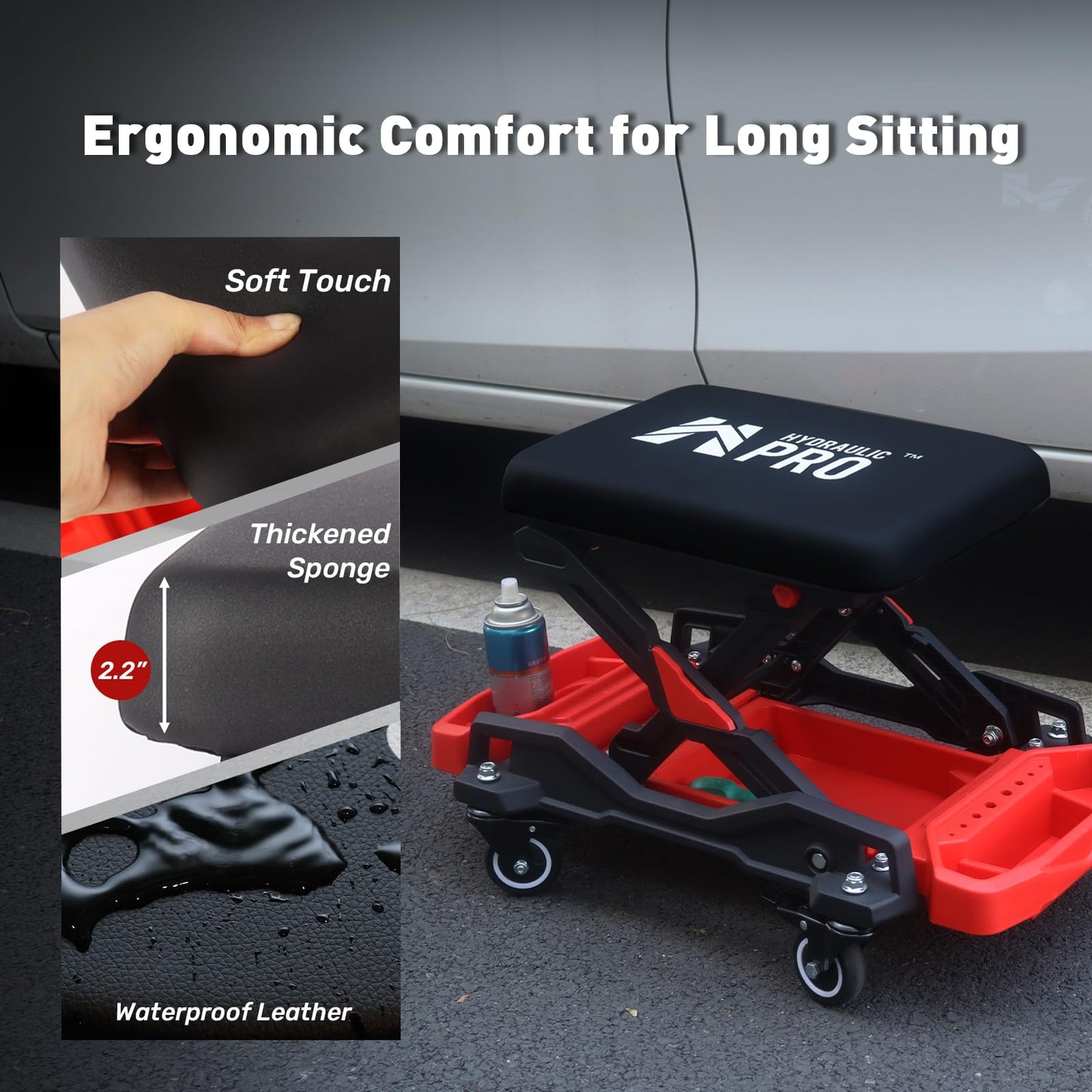 HYDRAULIC PRO Automotive Creeper Seat with Rolling Wheels, 300 LBS Capacity Mechanic Stool, Heavy Duty Garage Stool with Soft Padded Cushion and Tool Trays, Foldable Design for Easy Storage