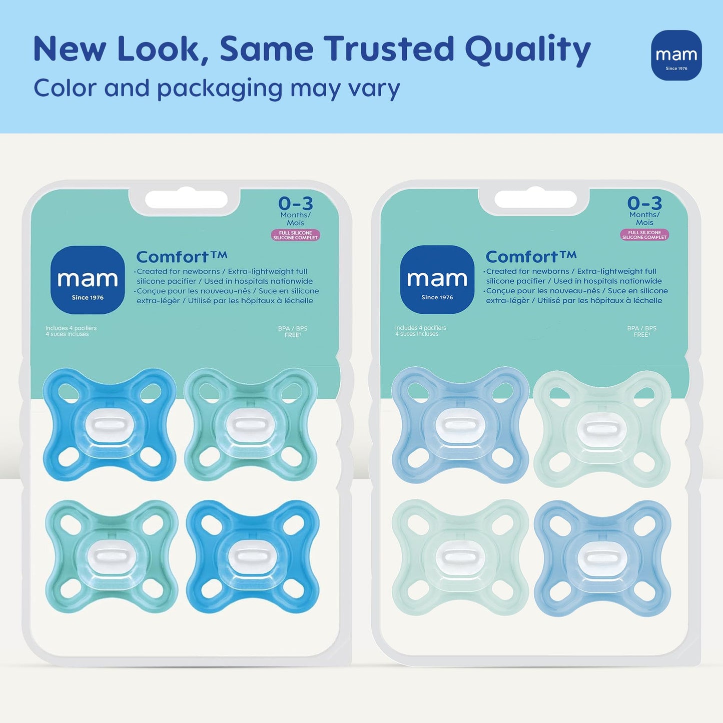 MAM Comfort Baby Pacifier 0-3 Months, Specially for Smaller Newborn Mouths, Lightweight One-Piece BPA-Free Silicone,Easy to Clean, Best for Breastfed Babies, 4 Pk, Made in Europe