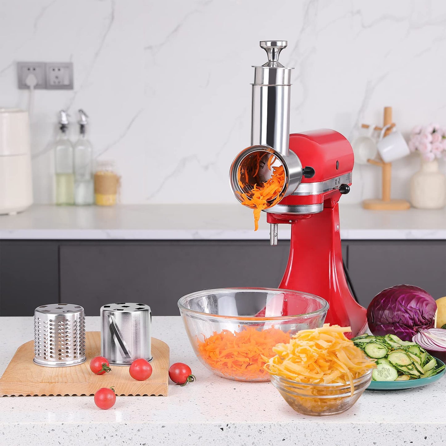 Stainless Steel Slicer Shredder Attachment for KitchenAid Stand Mixer, Large Salad Machine with Vegetable Slicer Cheese Grater Attachments for Kitchen Aid, Dishwasher Safe by Rafbar