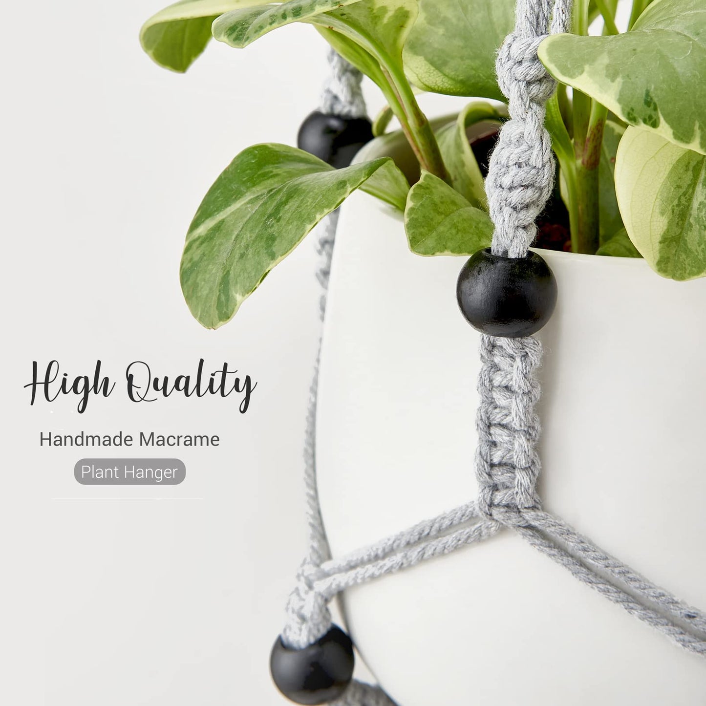 Mkono Macrame Plant Hanger Indoor Hanging Planter Basket with Wood Beads Decorative Flower Pot Holder No Tassels for Indoor Outdoor Boho Home Decor 35 Inch, Grey, Set of 2 (POTS NOT Included)