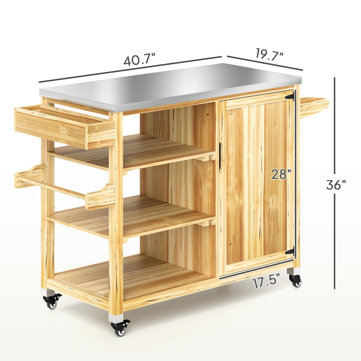 Outsunny Outdoor Grill Cart with Wheels and Storage Cabinet, Solid Wood Outdoor Kitchen Island with Stainless Steel Top, Movable Bar Cart for BBQ and Camping, Spice Rack and Towel Holder, Natural Wood