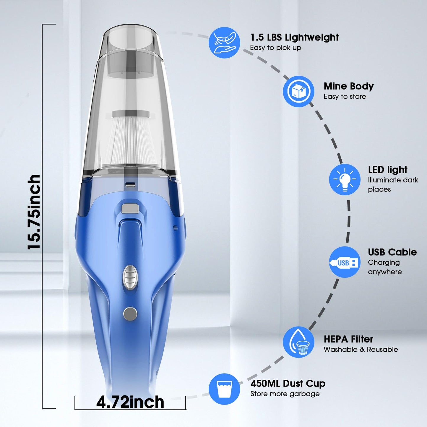YOOHI Handheld Vacuum Cordless Rechargeable – 6000Pa Mini Hand Held Vacuum, LED Light, 20–25 Mins Runtime, USB Charging, 500ML Cup – Lightweight Small Vacuum Cleaner Cordless for Car/Office/Home