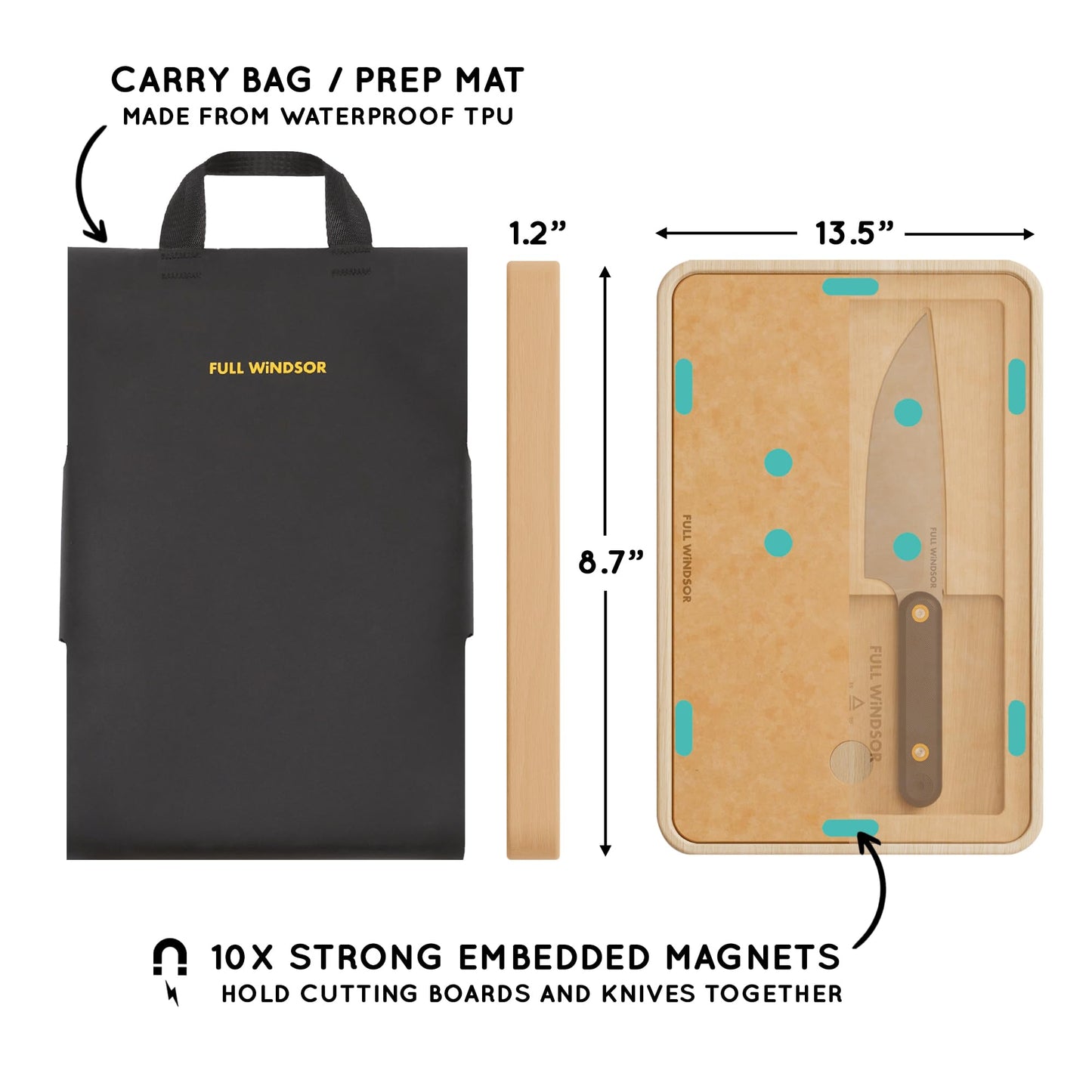 FULL WINDSOR - MagKnives Magnetic Camping Cutting Board and Knife Set - Portable Camping Kitchen Prep Kit with 2 Wood Cutting Boards, 6" Chef Knife, 3.5" Utility Knife, Carry Bag for Outdoor Cooking