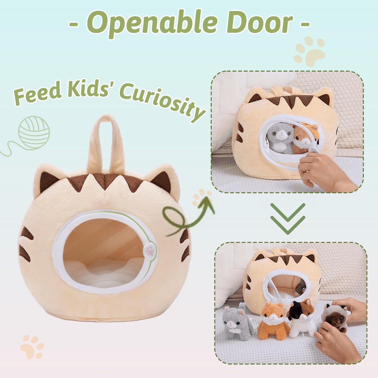 OUOZZZ Cat Stuffed Animal House – Plush Kitten Toy Set with 5 Soft Cats – Interactive & Travel-Friendly Kitties Carrier Playset for Toddlers & Kids – Huggable, Portable Birthday Gift for Baby Girls