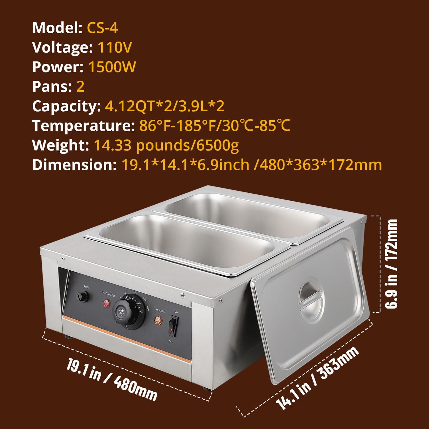 Takywep Chocolate Tempering Machine - 3.3L*2 Tanks, 18 Lbs Capacity, Temp Control 86~176℉, 1500W Stainless Steel Electric Food Warmer for Chocolate/Milk/Cream Melting