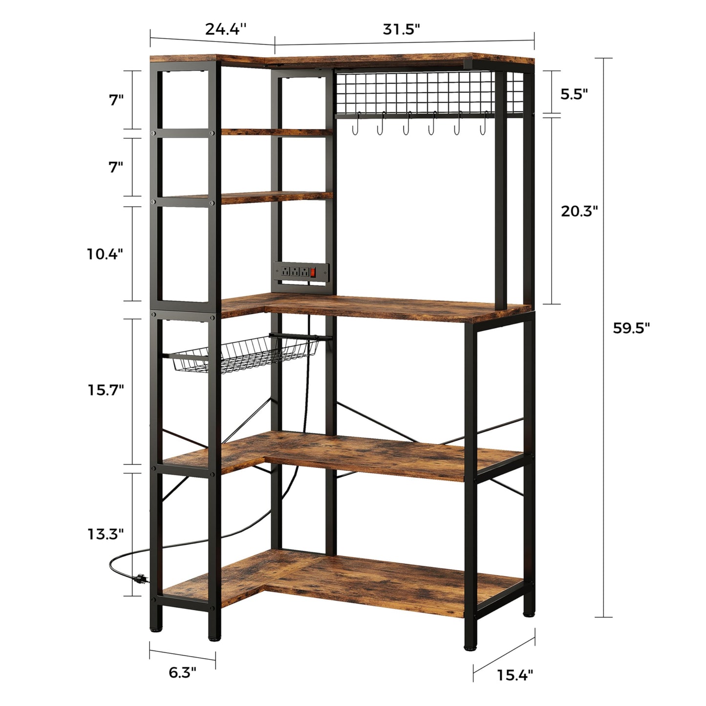 IRONCK Bakers Rack with Power Outlet, 5-Tier Corner Microwave Stand with Storage, Coffee Bar with 6 S-Shaped Hooks, Kitchen Shelves with Wire Basket
