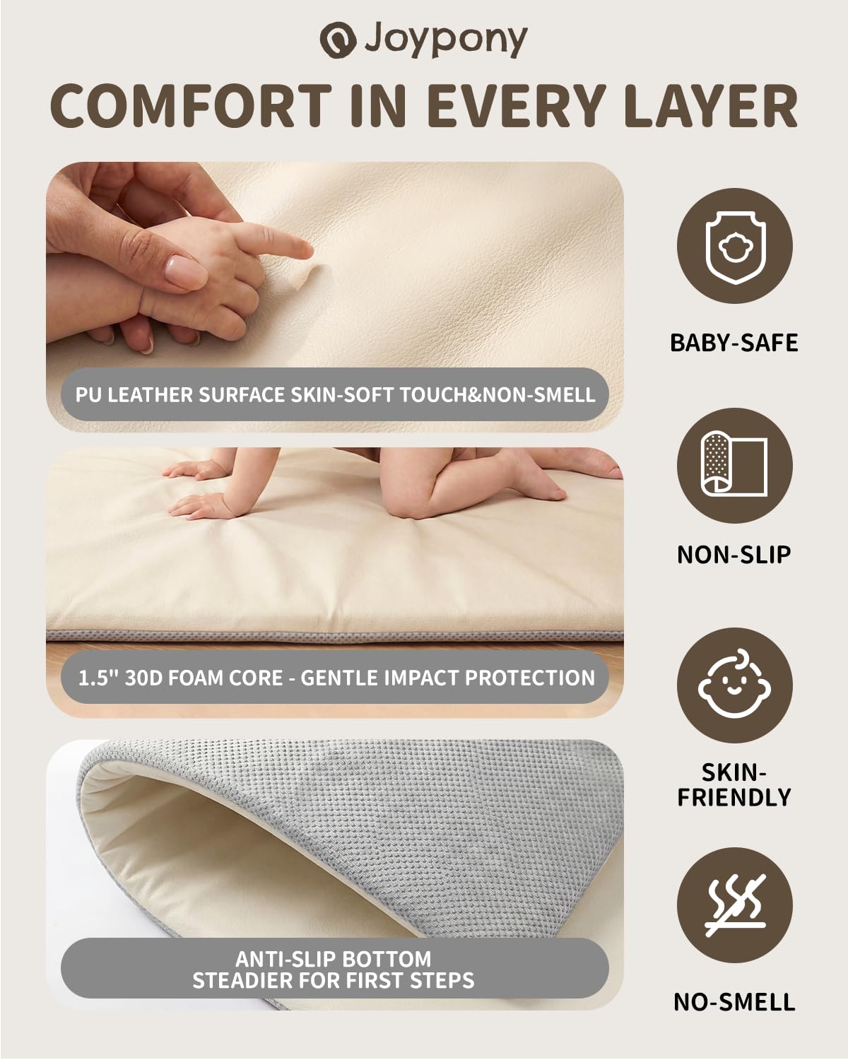 Joypony Baby Play Mat for Floor 50x50, 1.5” Thick Vegan Leather Crawling Mat with Removable Cover, Waterproof Playpen Mat for Infants and Toddlers, Wipe-Clean Kids Playmat, Cream