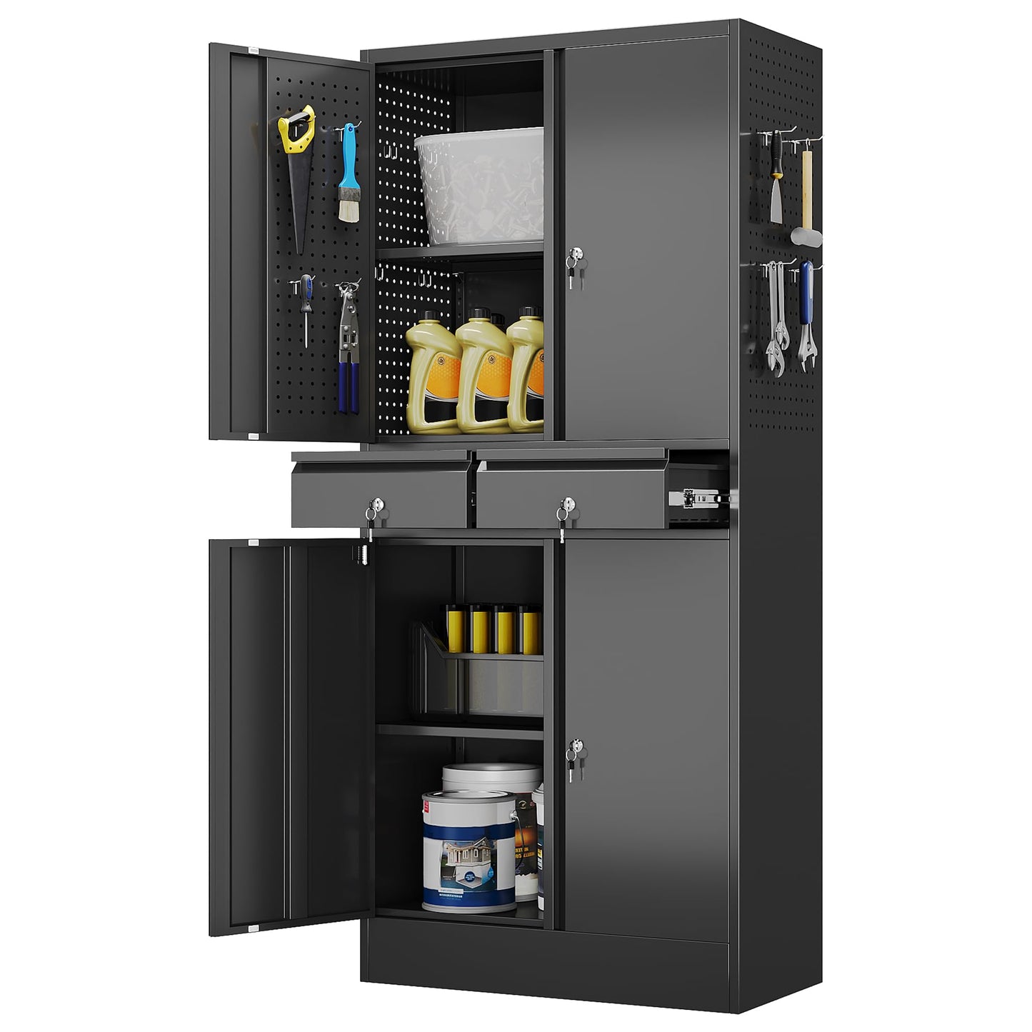 JAORD Metal Storage Cabinet with 2 Drawers and Pegboard, Garage Storage Cabinet with Locking Doors and 2 Adjustable Shelves, 71" H Steel Cabinets for Garage, Home, Office, School, Black