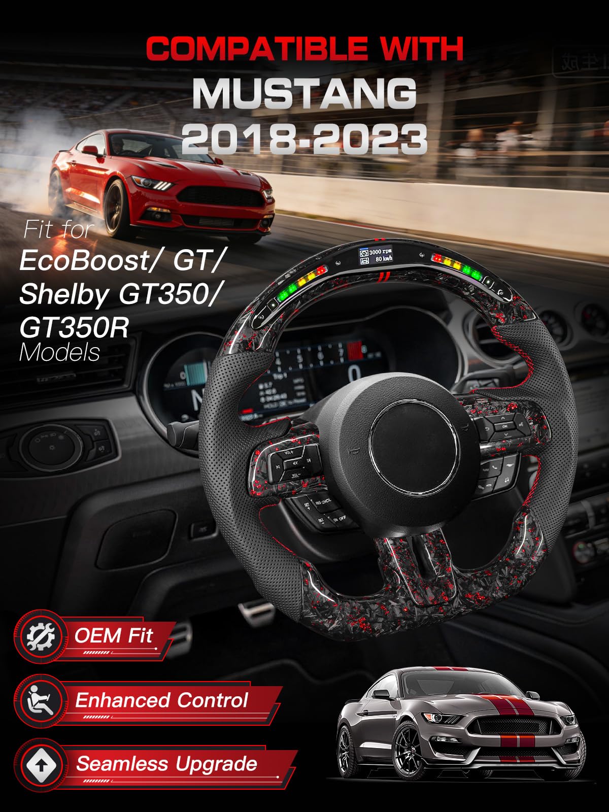 TESFEEL LED Forged Carbon Fiber Steering Wheel for Ford Mustang 2018-2023, Red Flakes, D-Shape Flat Bottom, Nappa Leather with Red Stripe & Stitching, Fits for EcoBoost, GT, GT350 & GT350R