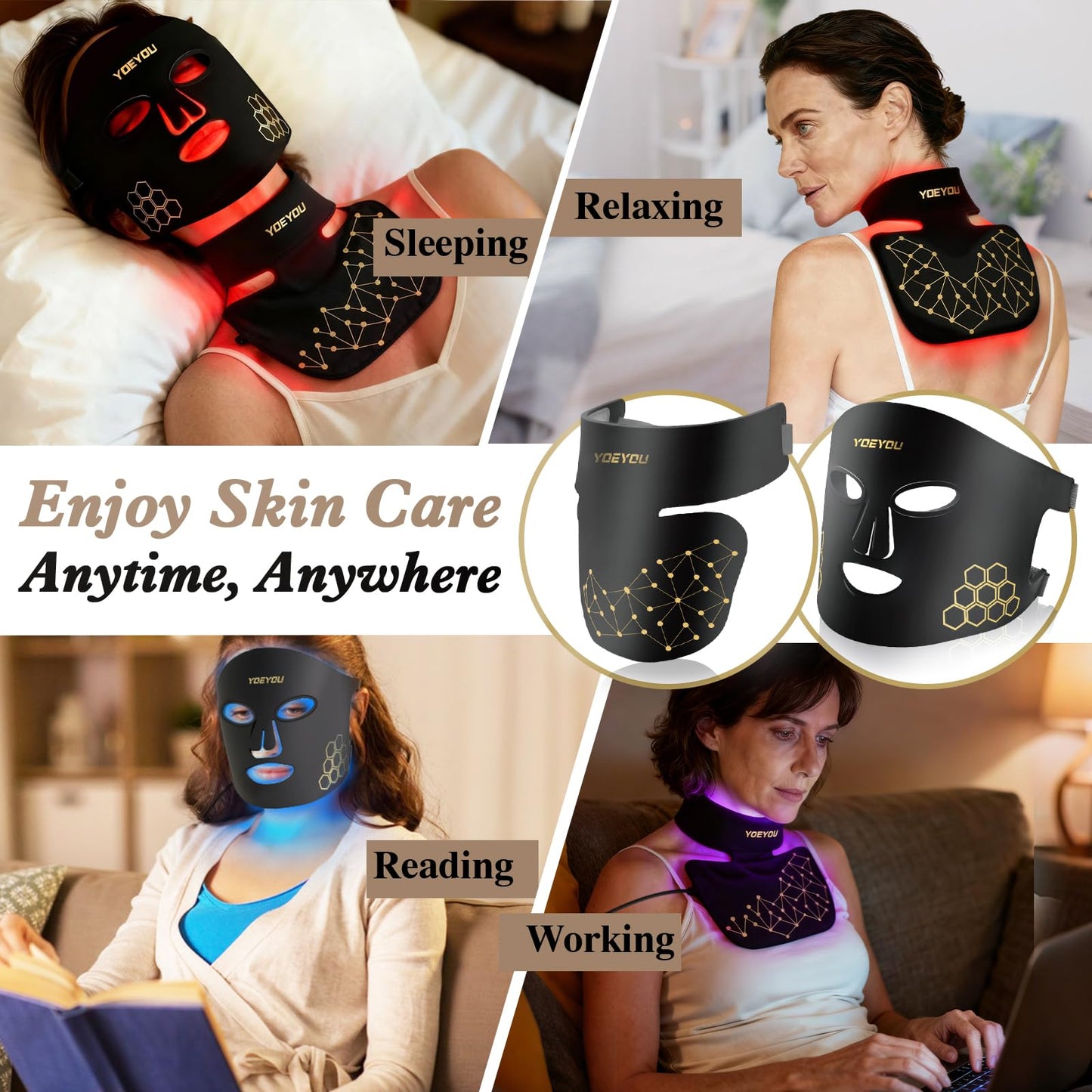 YOEYOU Red Light Therapy for Face and Neck, 850nm Infrared & Red Light Mask, 4 Modes LED Face Mask Light Therapy with Neck Masks, 2600mAh Rechargeable Portable Skincare Device at Home & Travel