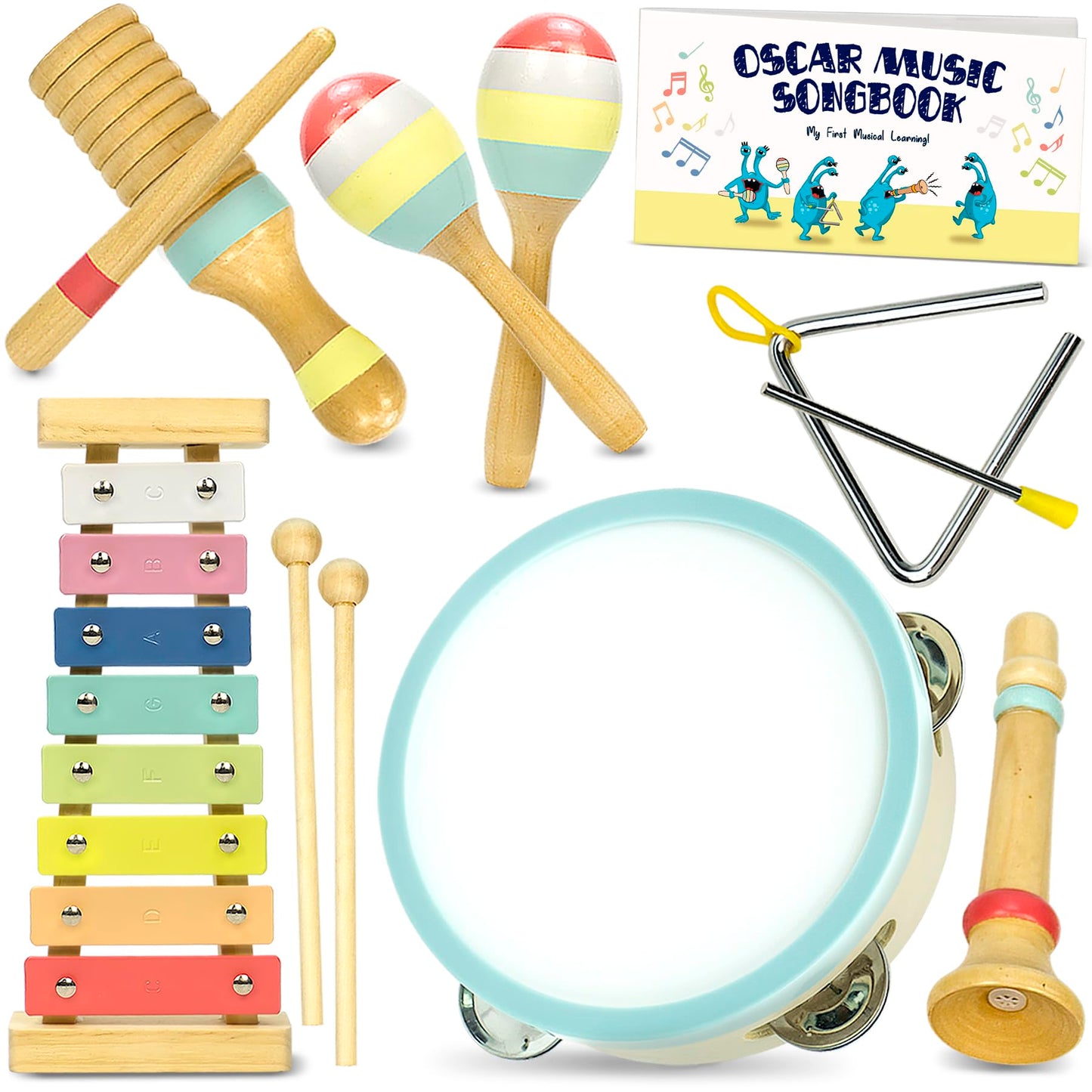 MINIARTIS Musical Instruments Set - Montessori Wooden Toys for Toddlers 1-3 | Modern Boho Baby Xylophone with Songbook | Neutral Colors Percussion Instruments | Kids Preschool Educational