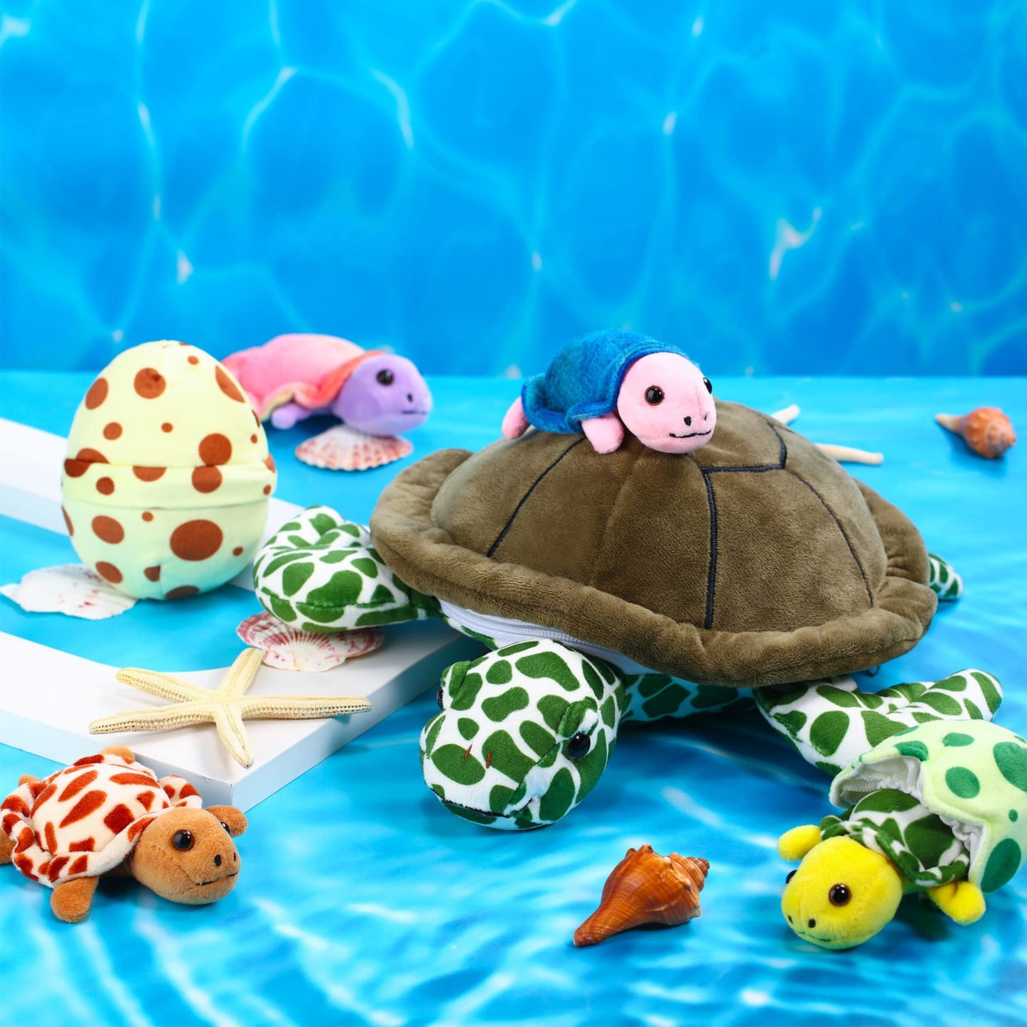 Aoriher 6 Pieces Sea Turtle Stuffed Animal with Babies 12" Mommy Stuffed Sea Turtle with 3 Little Plush 2 Plush Eggs Soft Pillow Tortoise Hugging Gifts for Kids Birthday Baby Shower Party(Modern)