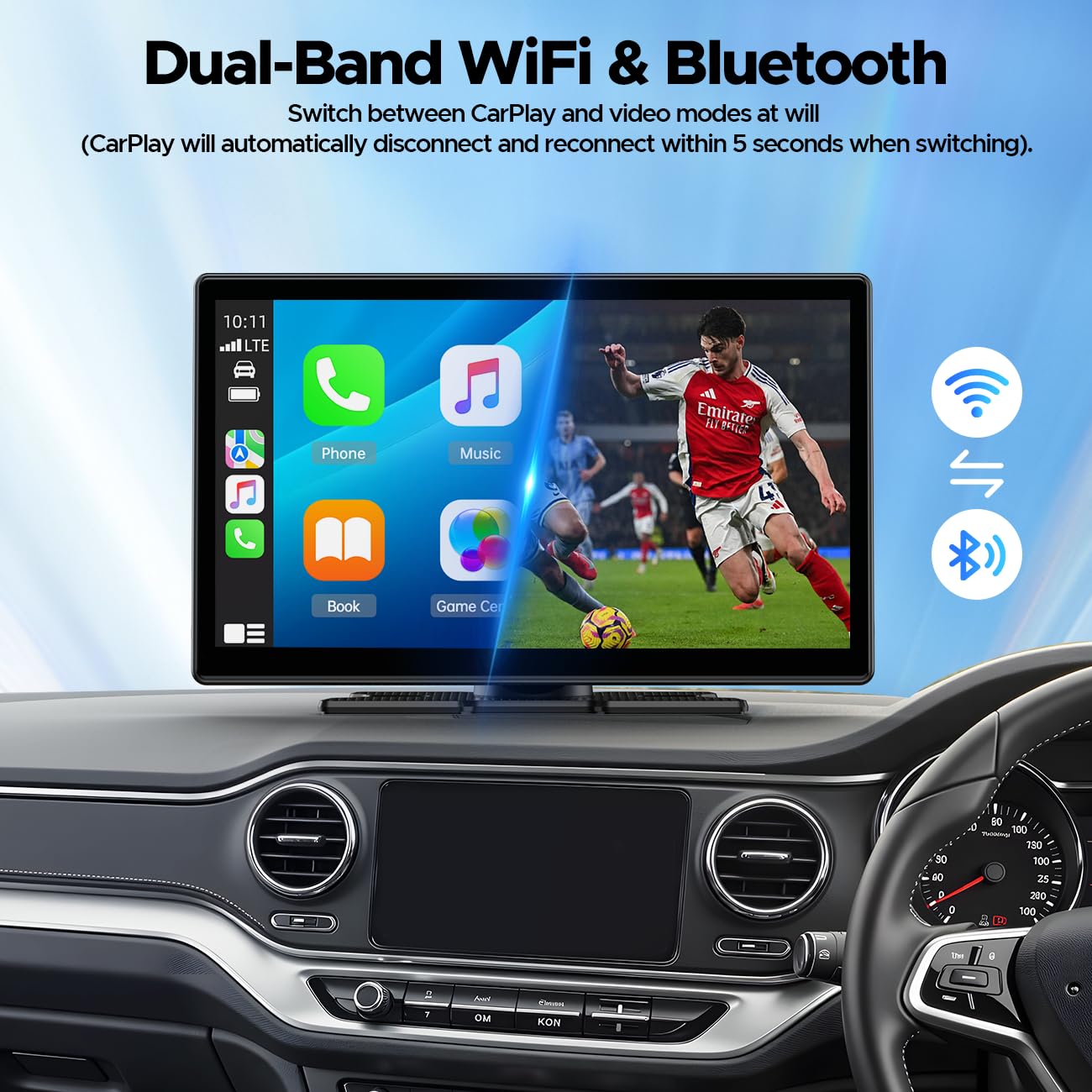 LAMTTO 9" Wireless CarPlay Screen with Net-Flix YouTube Apps Portable Car Play Screen for Apple Carplay and Android Auto with Backup Camera Navigation Bluetooth Voice Control AUX Siri