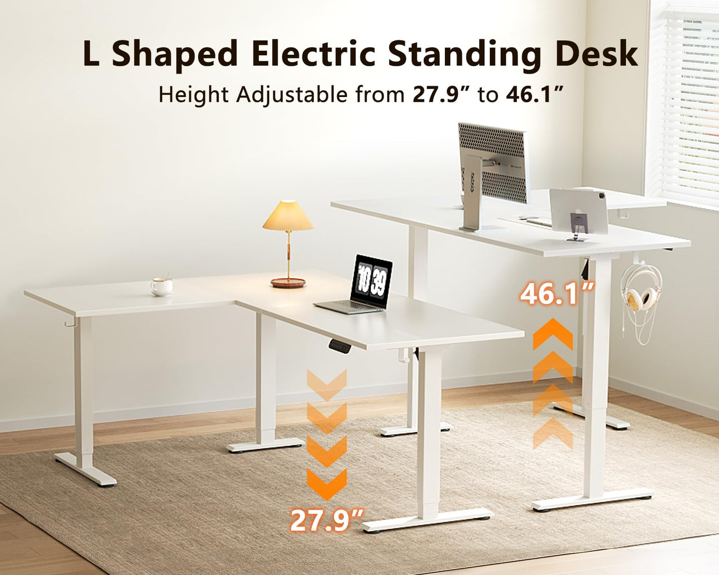 Casaottima 63 Inch Electric L-Shaped Standing Desk, Reversible Corner Desk with Height Adjustment, Large Ergonomic Workstation for Home Office, Reception Room, White