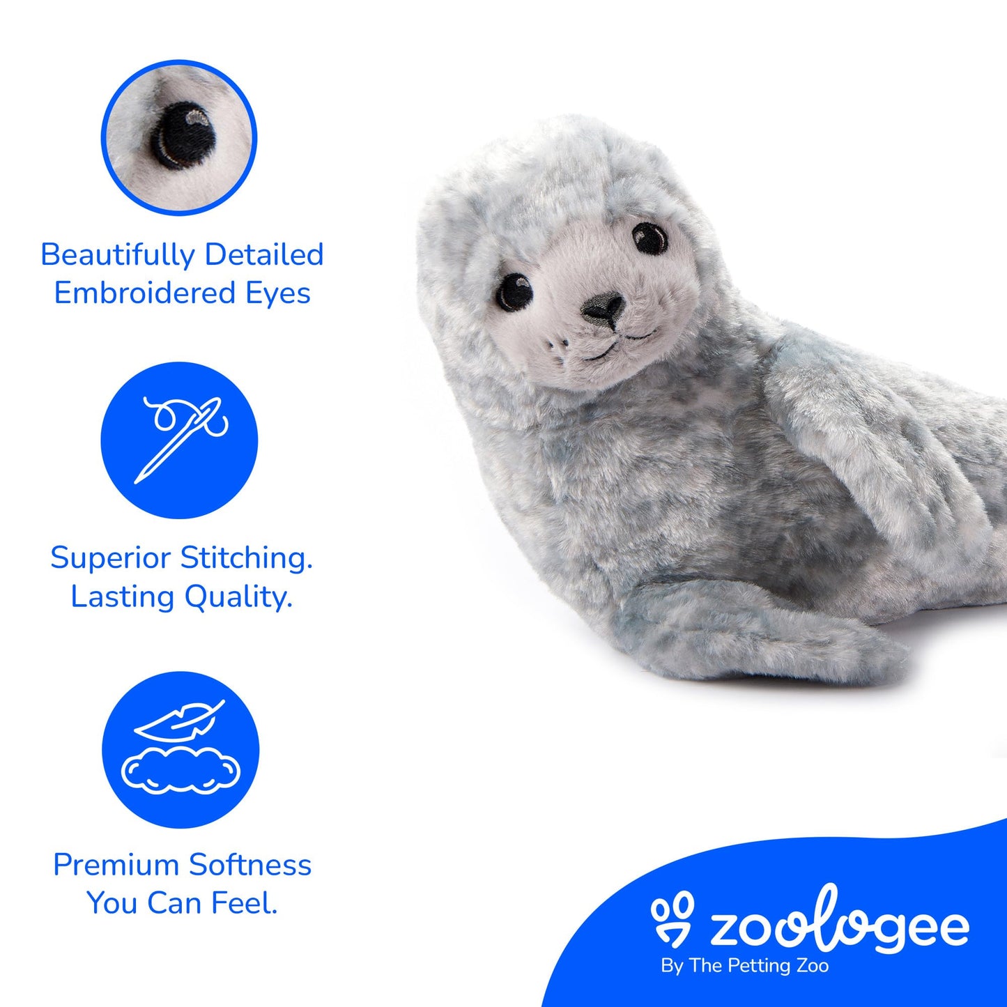 The Petting Zoo Harbor Seal Stuffed Animal Plushie, Gifts for Kids, Earth Keeperz Sealife Animals, Zoologee Grey Harbor Seal Plush Toy, 17 inches