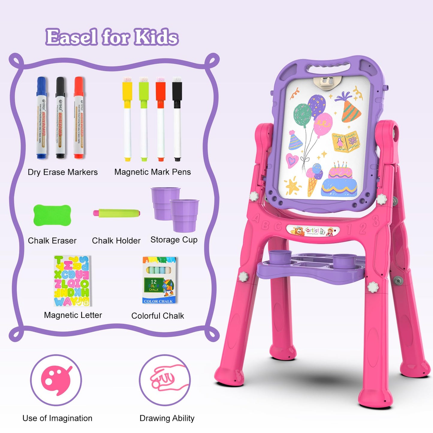 PUPPSITTY Art Easel for Kids - Adjustable Standing Rotatable Double Sided Toddler Easel with Painting Accessories, Birthday Christmas Gift for Little Boys and Girls, Drawing Board Gift for Toddlers