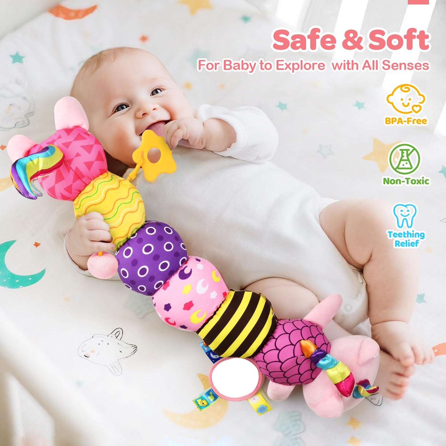 Baby Toys 0-6 6-12 Months, Sensory Musical Animal Stuffed Plush Unicorn Cat Toy for Infant 0-3-6 Months & Up, Tummy Time with Mirror Crinkle Rattle, Christmas Baby Shower Gifts for Newborn Boys Girls