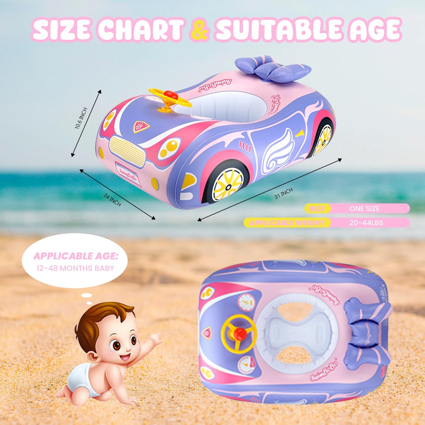 Baby Pool Float 3D Car Baby Floaties for Toddlers 12-48 Months Heavy Duty Infant Swim Float Toddlers Pool Floats Kids Swim Floaties Swimming Pool Floats for 1-4 Years Toddler Floaties for Boys & Girls