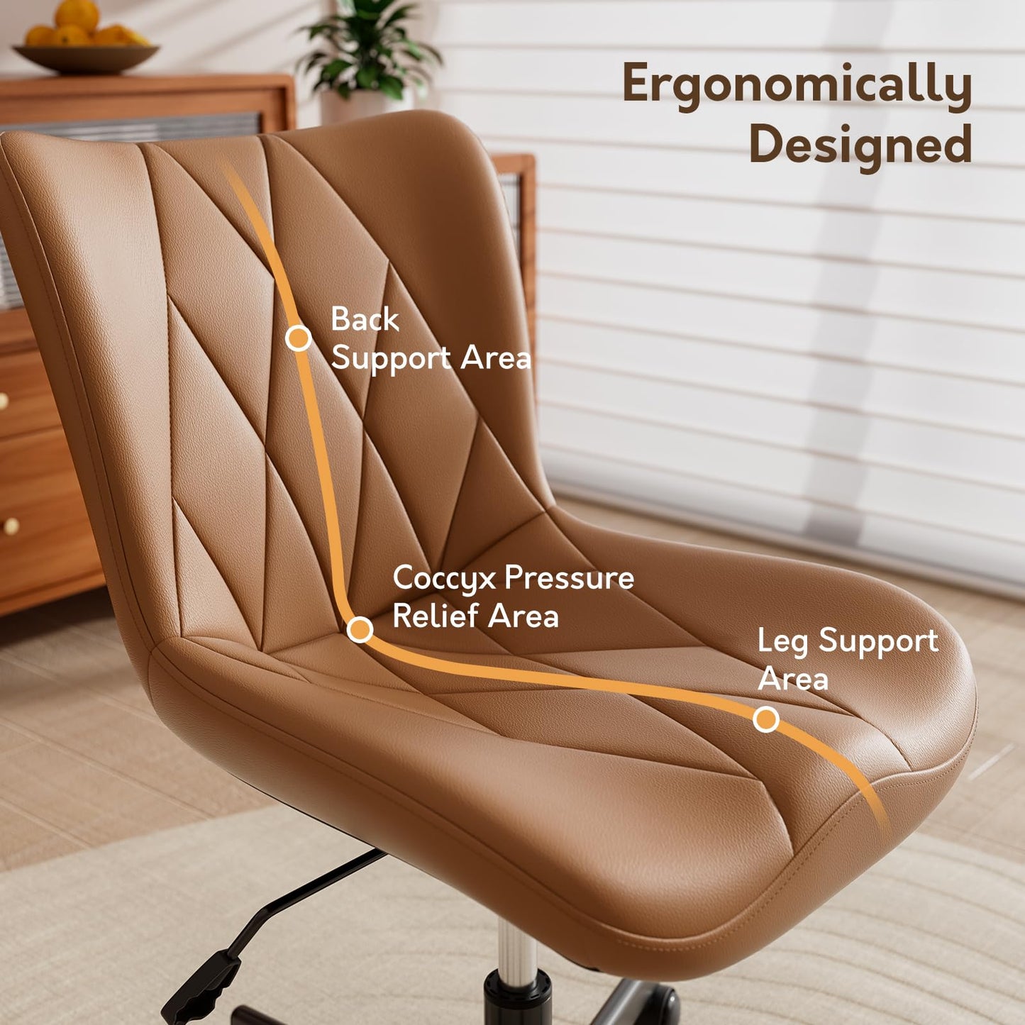 Brown Leather Armless Desk Chair, Soft Ergonomic Cushion, Height Adjustable, Rocking, Home Office