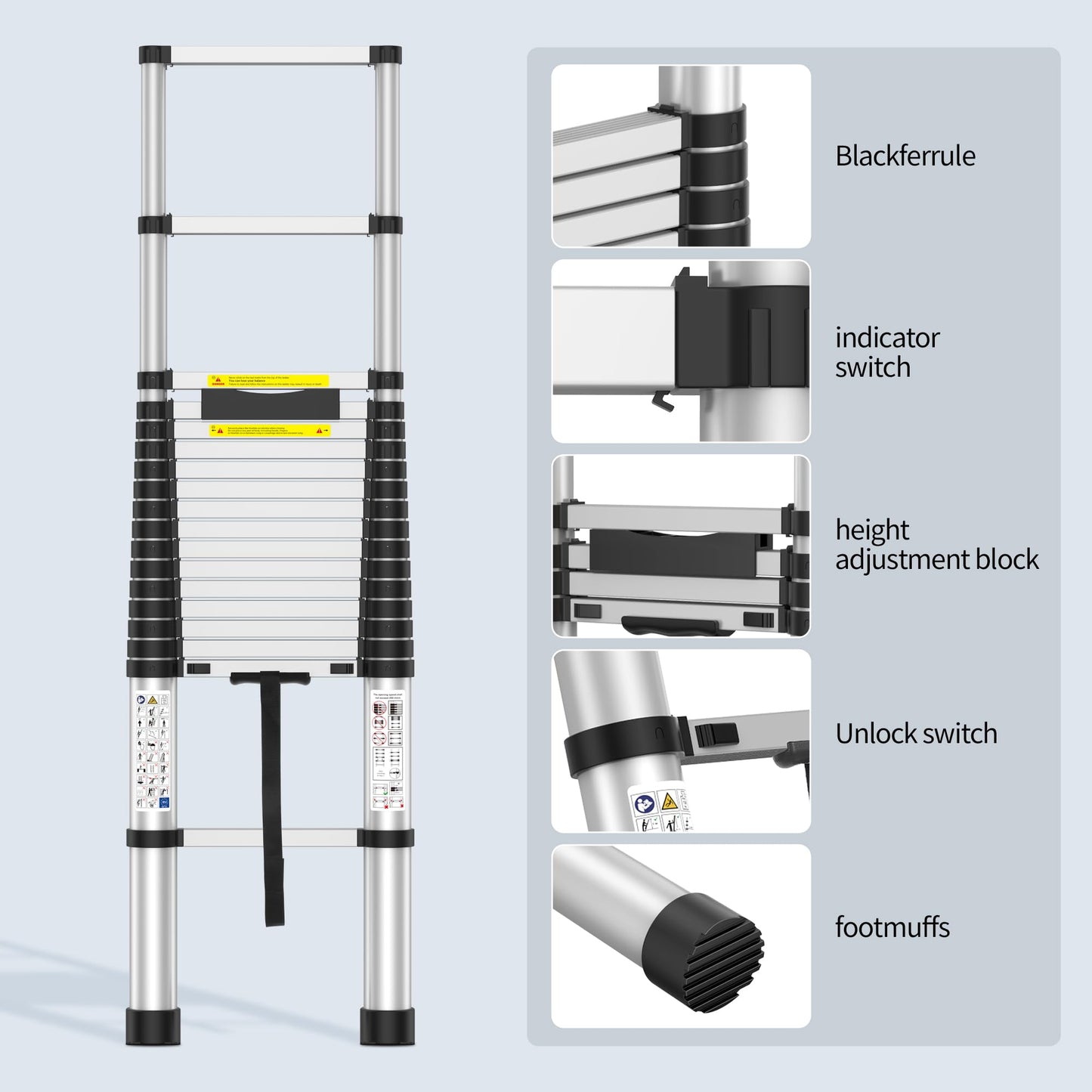 2026 New 17.9FT Heavy-Duty Aluminum Telescoping Ladder, 330LBS Capacity, One-Button Retraction Anti-Pinch, with Wall Support & Adjuster Pads, for Attic Roof Home Renovation