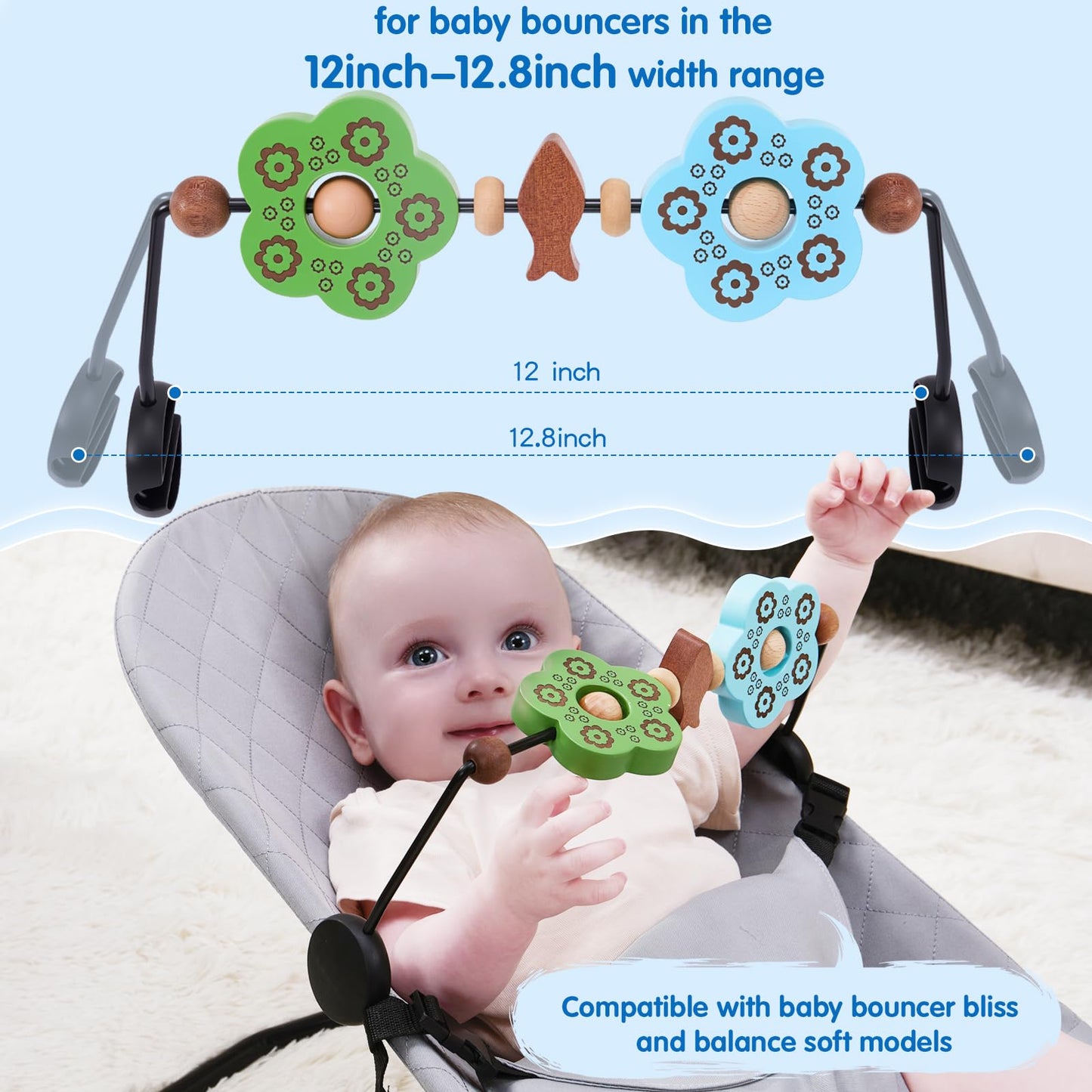 WYFWFDF Toy Bar Compatible with Baby Bjorn Bouncer Toy Bar for Baby Bouncer, Durable Wooden Infants Bouncer Attachment, Rotatable Sensory Toys, Easy to Use Accessory (Blue Green)