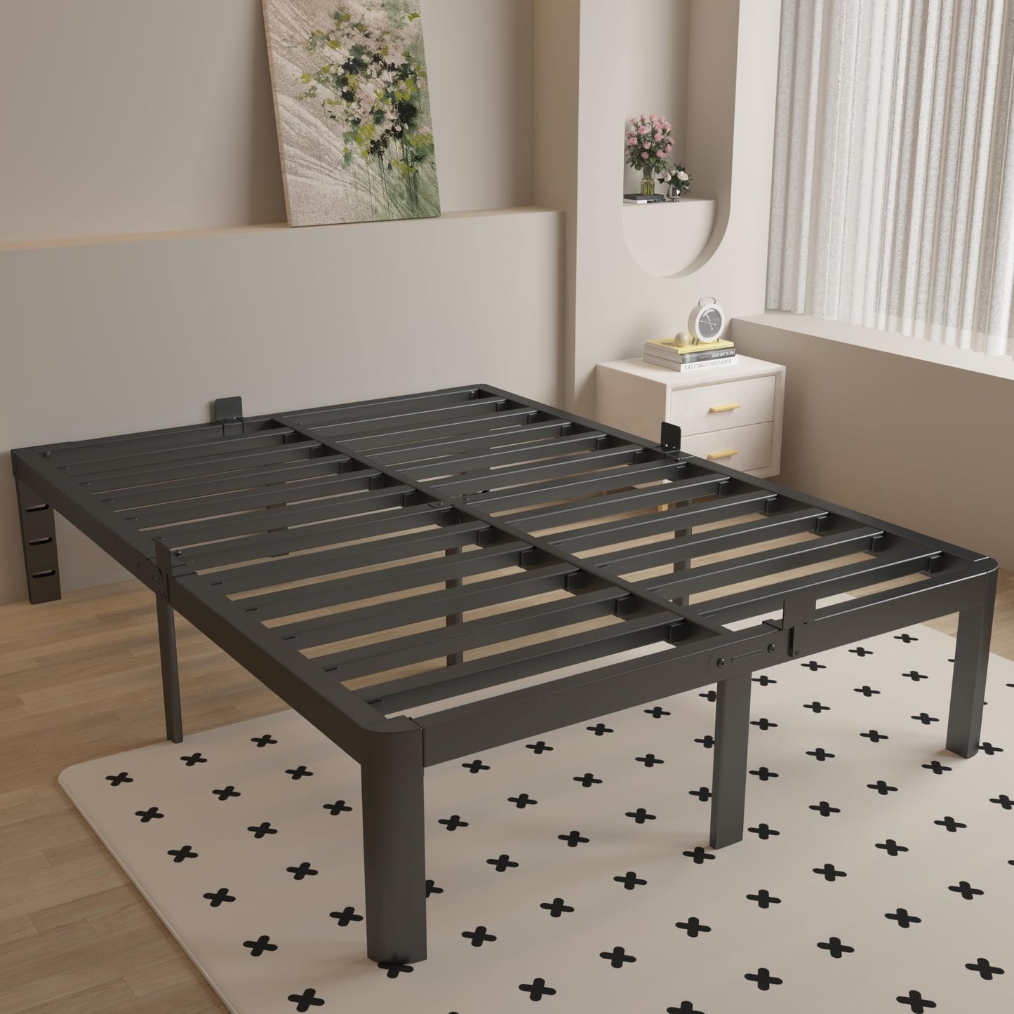KOSOSO 16 Inch Bed Frame Queen Size with Metal Gaskets, Black Queen Platform Bed Frame No Box Spring Needed, Heavy Duty Steel Support, Round Corner Design, Storage Space, Noiseless, Easy Assembly