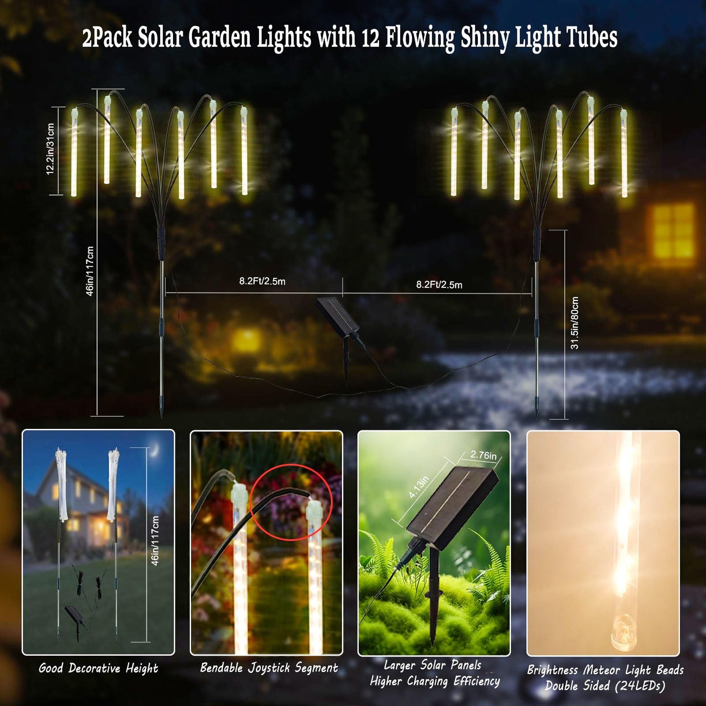 Trunfiste Garden Decor Outdoor Solar Meteor Shower Lights 2Pack 288LED,46" Whimsical Solar Garden Lights with 12 Brighter Tubes,Solar Twinkle Lights Outside for Garden Yard Path Porch Patio Lawn Decor
