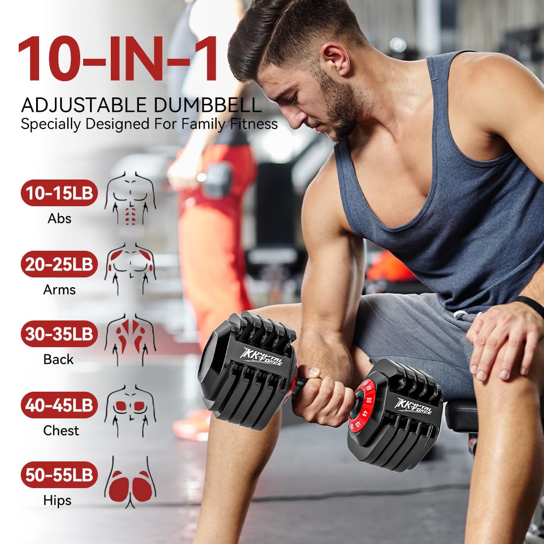 55Lb Pair Adjustable Dumbbells Set, 10 in 1 Weights Dumbbells Exercise & Fitness Fast Adjust Weight for Full Body Workout Fitness
