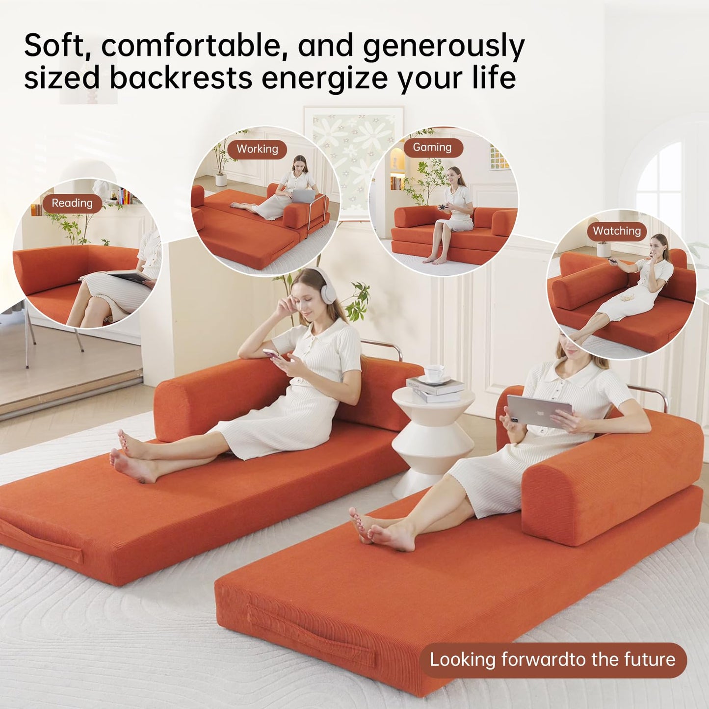 79” Convertible Sofa Bed, 35D High-Density Foam&Corduroy Fabric Sleeper Couch Bed, Fixed-Shape Frame & Removable Armrests,Modular Folding Small Loveseat Futo, Sectional Funto Couch for Small Spaces