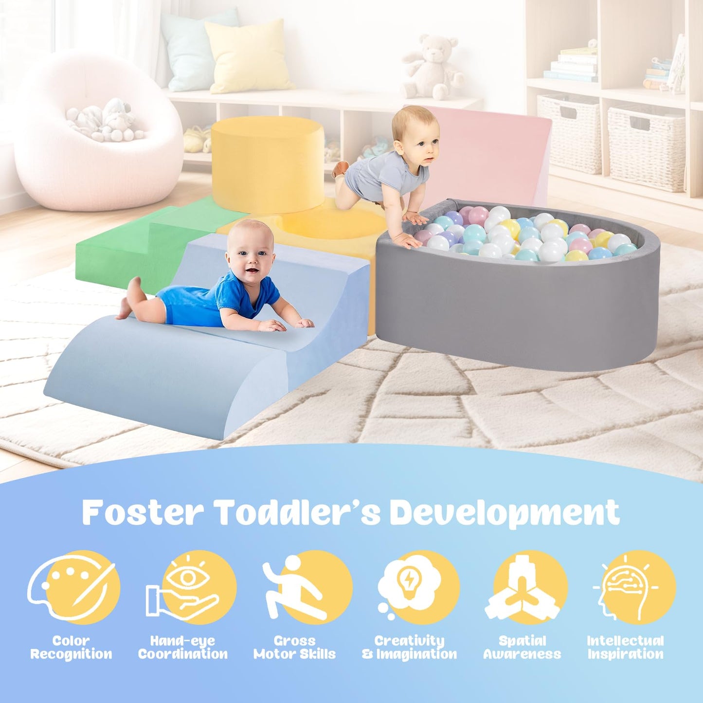 CAMELUS Climbing Toys for 1 Year Old, Foam Baby Climbing Blocks with Ball Pit for Toddlers, 6-Piece Soft Play Set, Indoor Climb Crawl Activity Play, Birthday (Balls not Included)